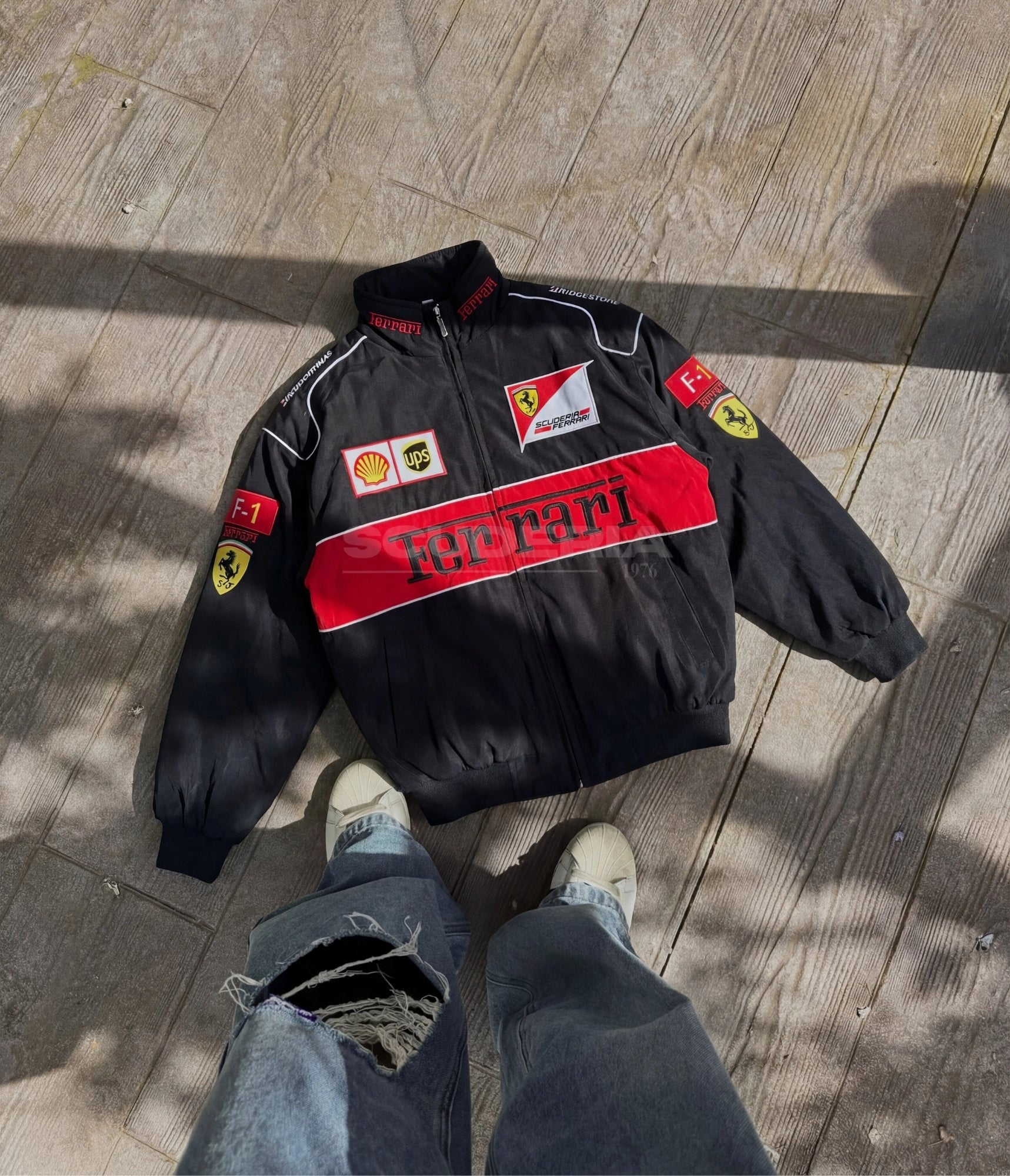 Ferrari black red embroidered padded bomber jacket – flat lay front view – Scuderia1976