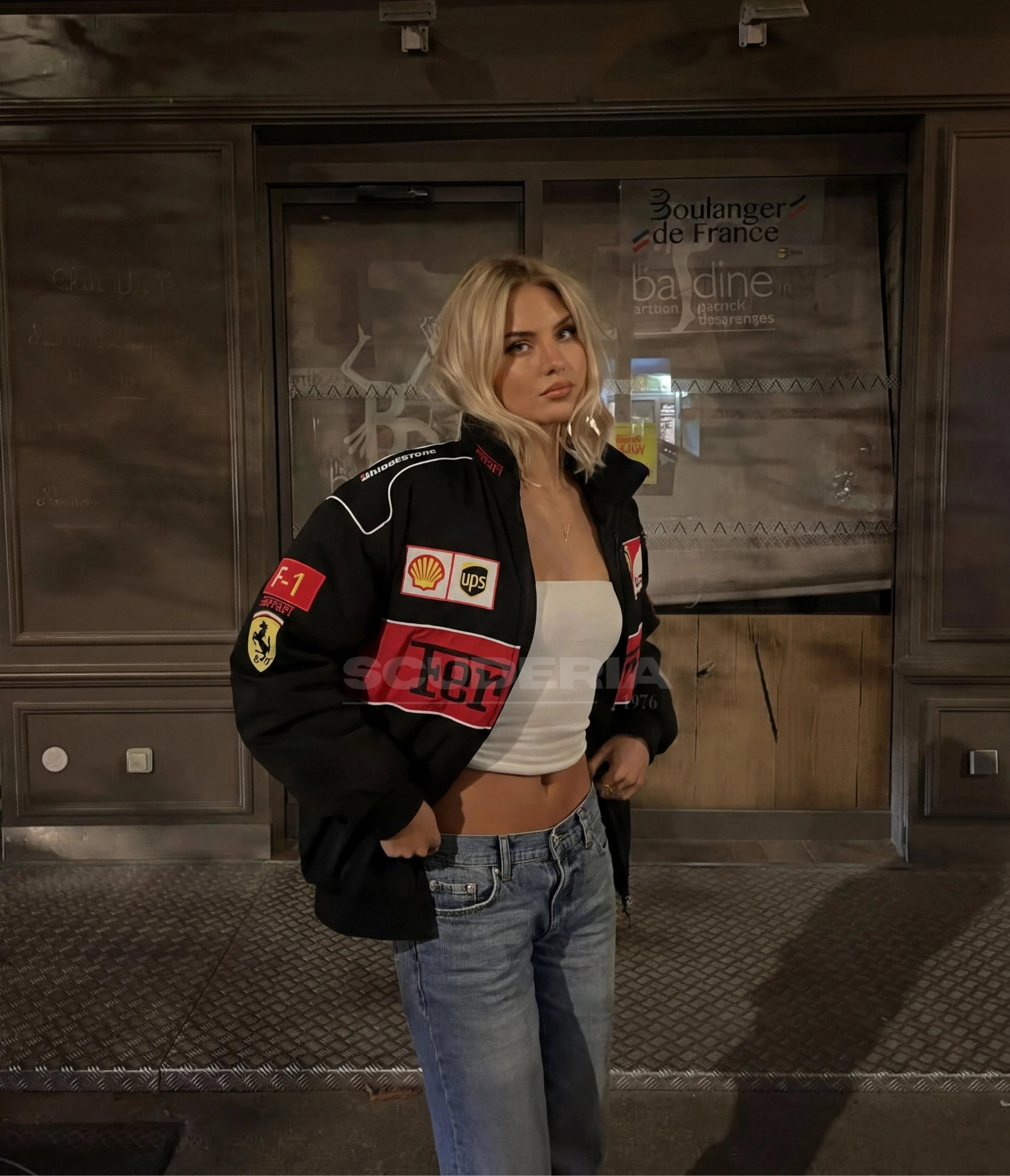 Ferrari black red embroidered padded bomber jacket – women street night front view – Scuderia1976