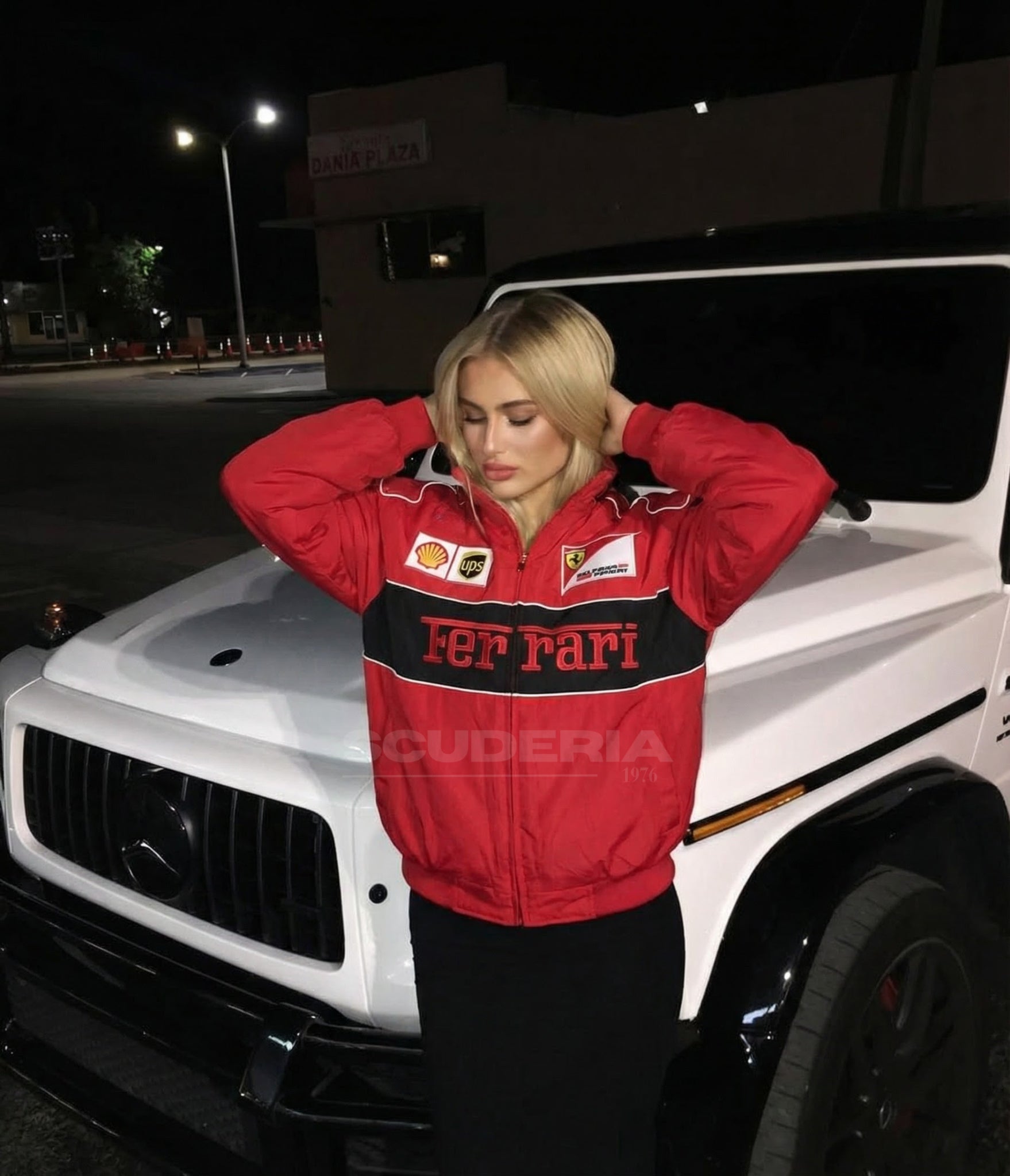 Ferrari F1 Red Vintage Racing Jacket for women styled with luxury car in night streetwear look