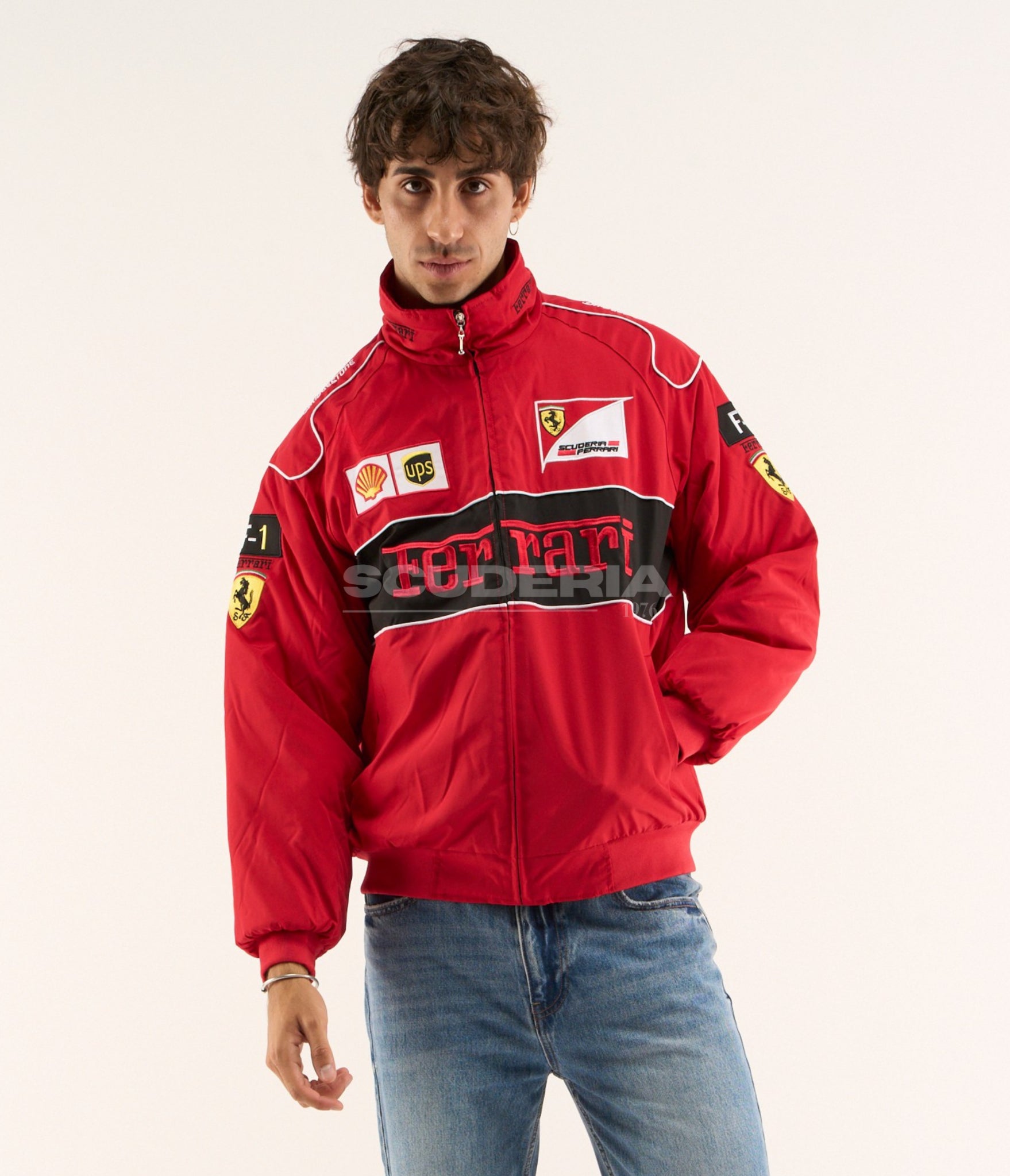 Ferrari F1 Vintage Racing Jacket Red Edition for men with embroidered motorsport sponsor patches and Formula 1 racing logos