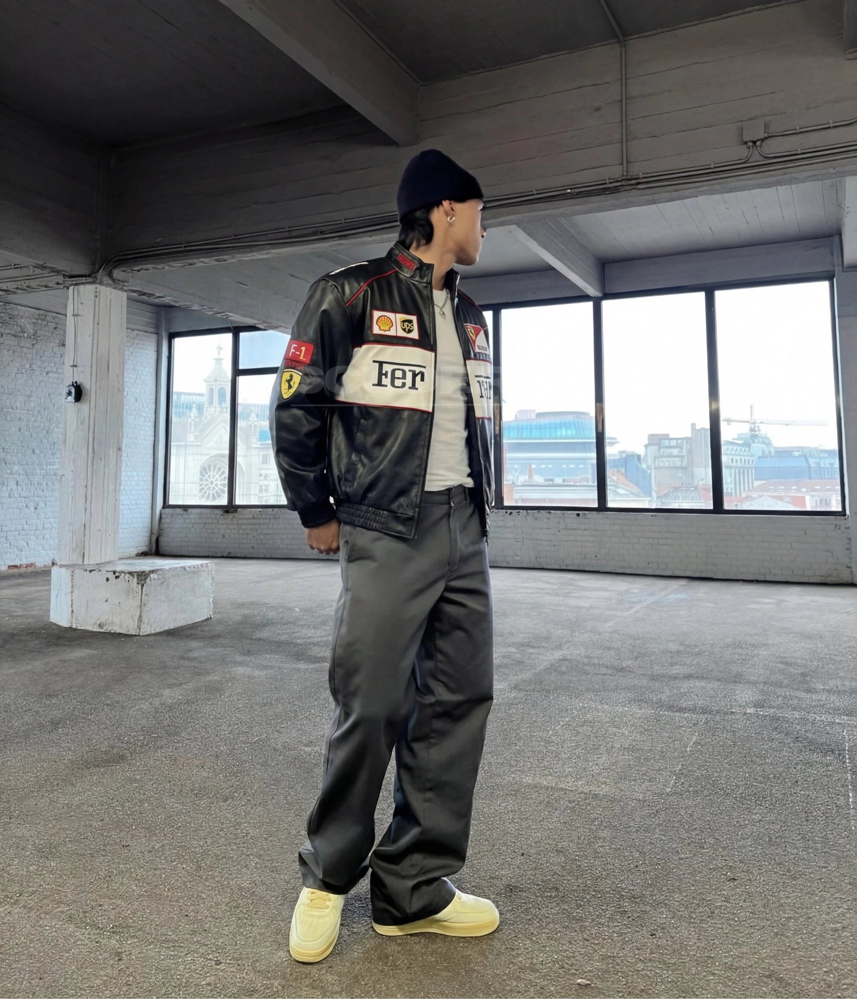Ferrari F1 Vintage white black leather jacket – men street style front view – Scuderia1976
