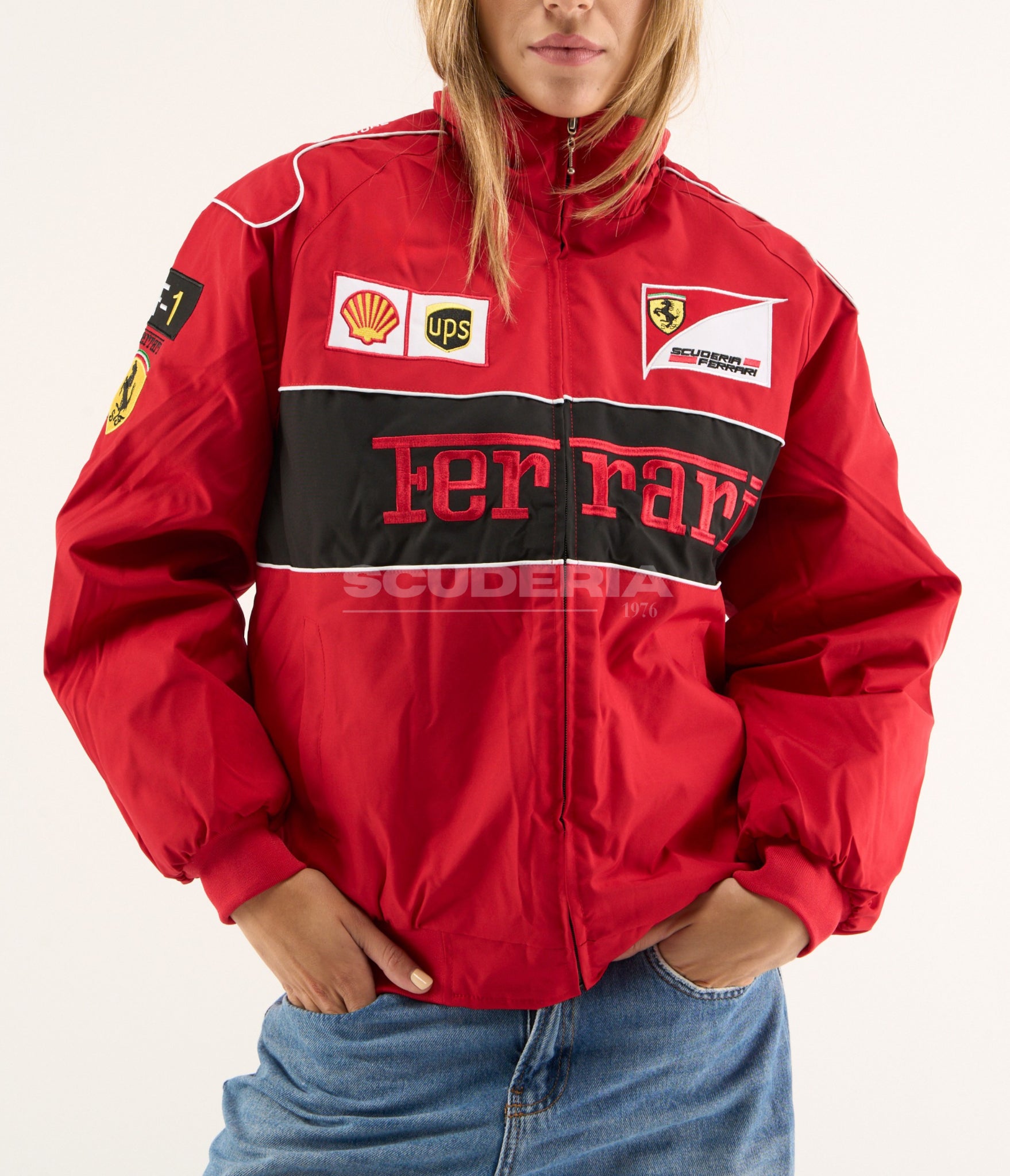 Women's Ferrari Formula 1 Vintage Racing Jacket in red with detailed embroidered sponsor logos and motorsport design