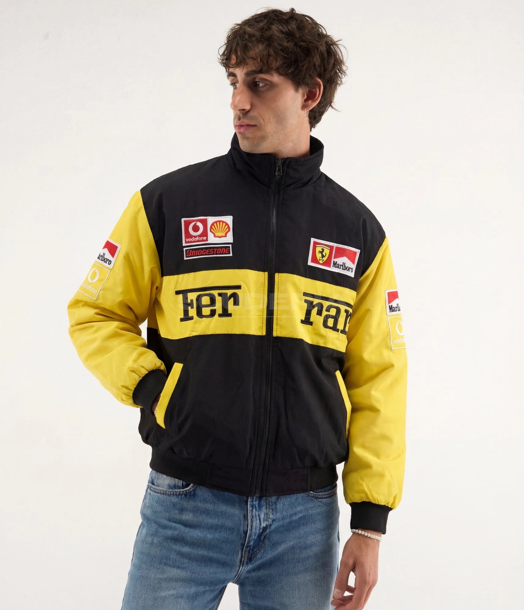 Ferrari Michael Schumacher black yellow embroidered padded bomber jacket – men front view – Scuderia1976