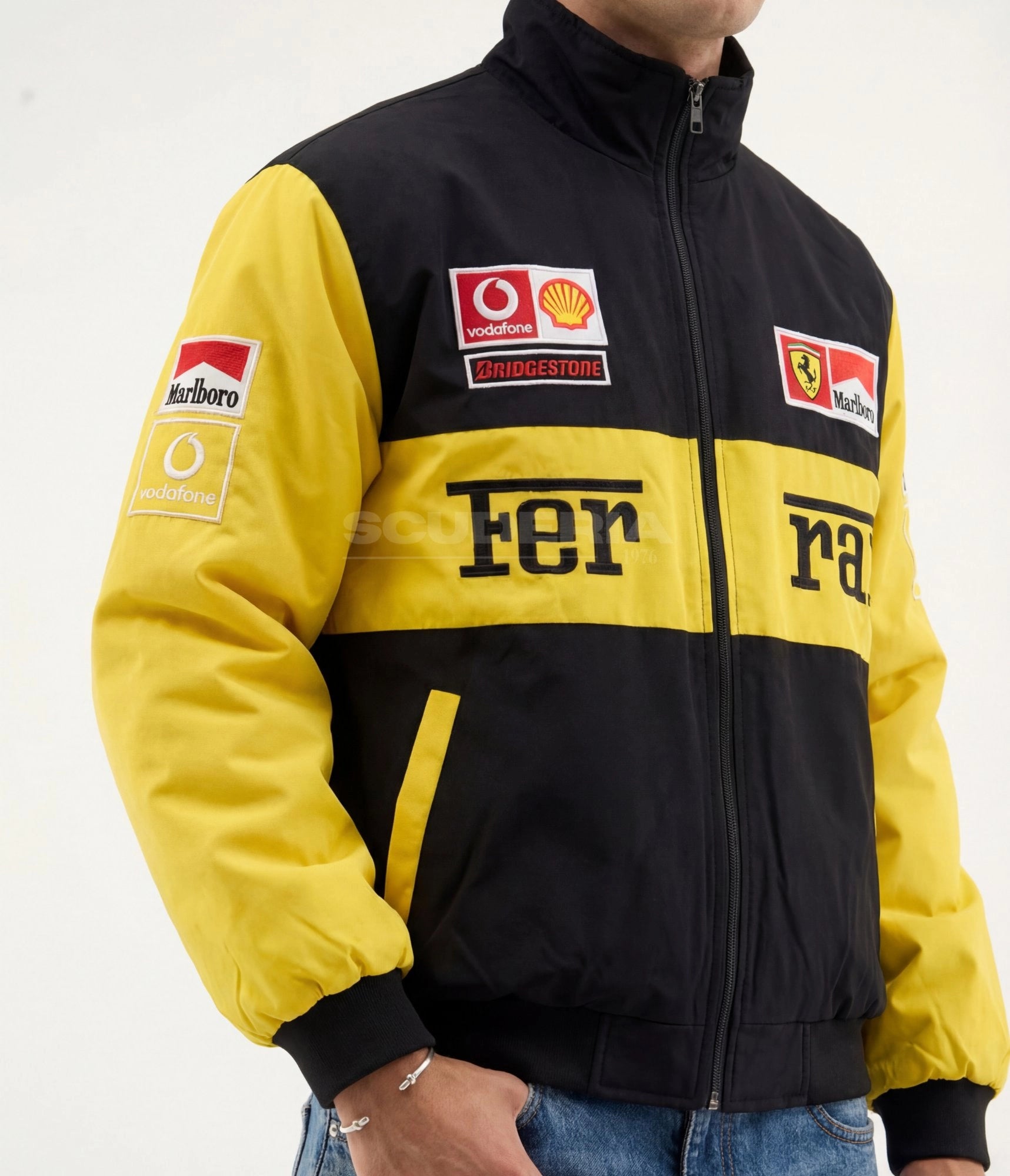 Ferrari Michael Schumacher black yellow embroidered padded bomber jacket – men side detail view – Scuderia1976
