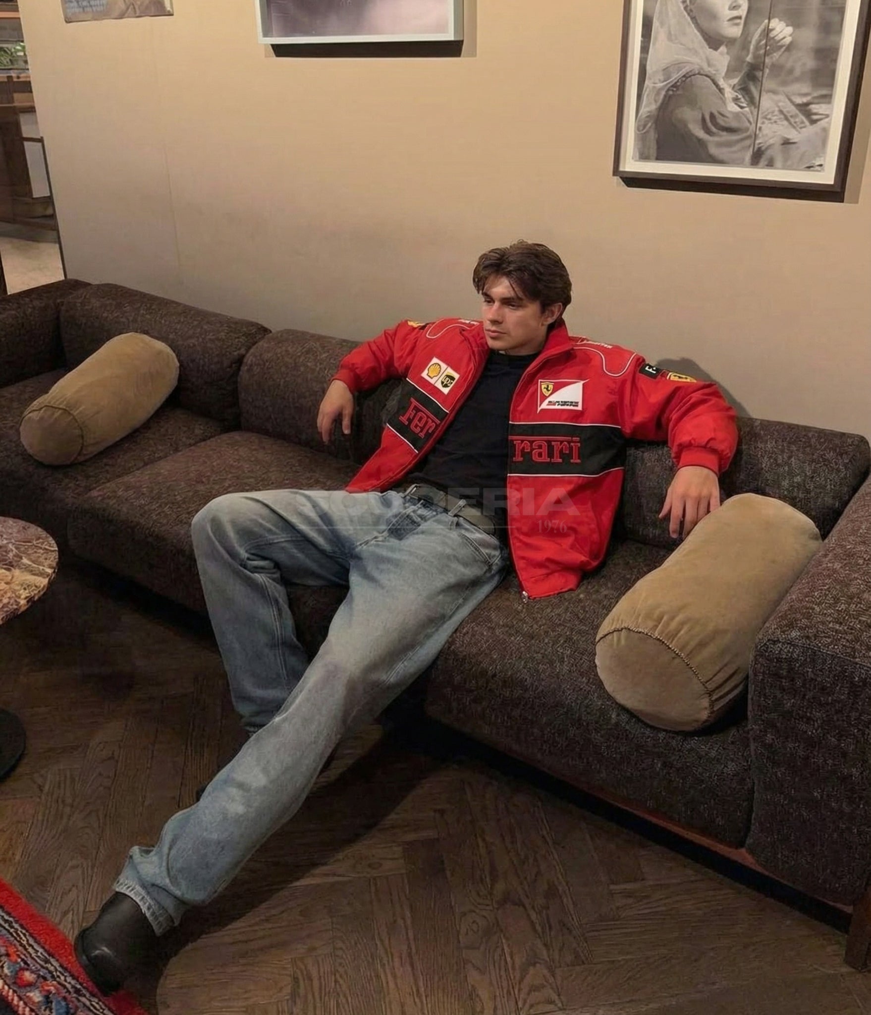 Ferrari Vintage Racing Jacket Red Edition lifestyle fit worn by male model in casual streetwear outfit