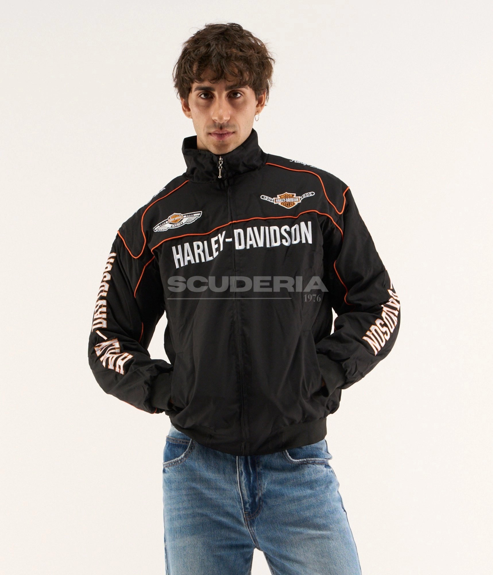 Harley Davidson 100th Anniversary Vintage Racing Jacket Black Orange Front View Men Bar Shield Logo