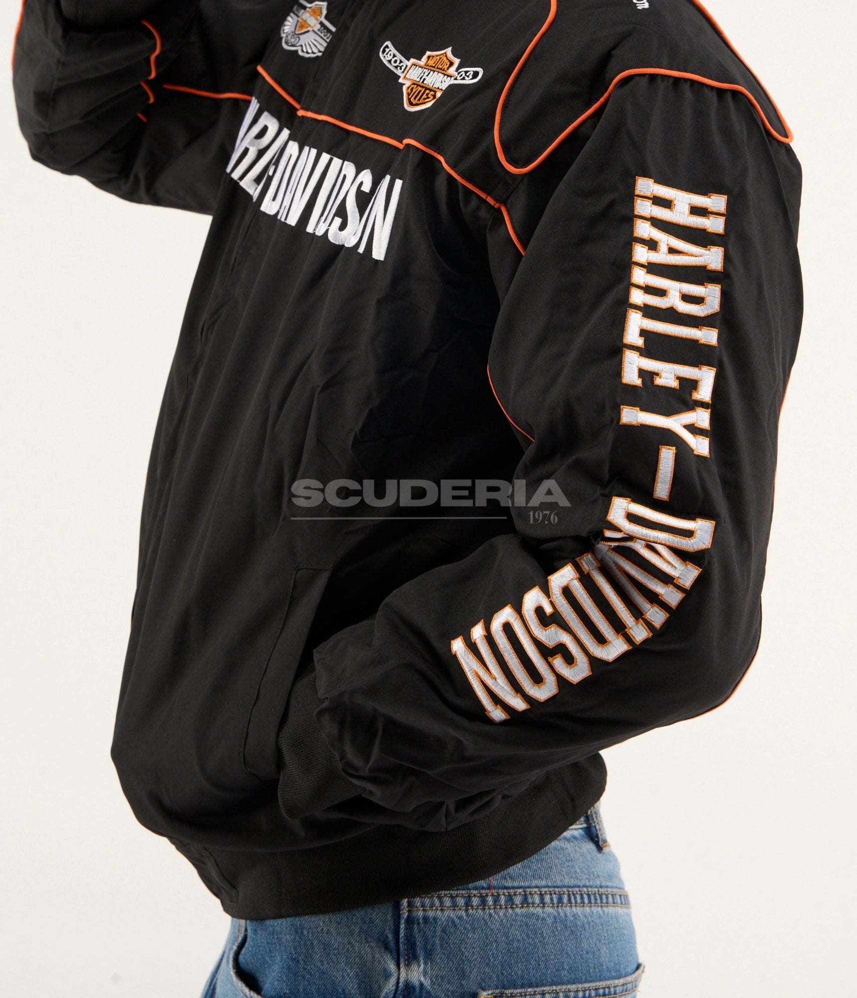 Harley Davidson 100th Anniversary Vintage Racing Jacket Black Orange Sleeve Detail Men Bar Shield Logo