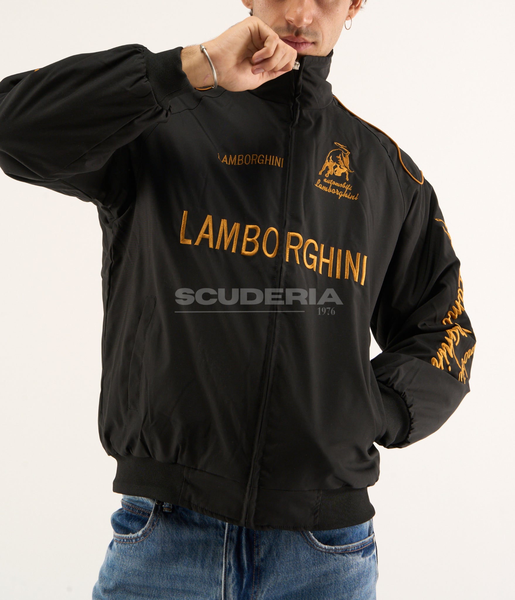 lamborghini vintage racing jacket black gold mens zip front streetwear fit