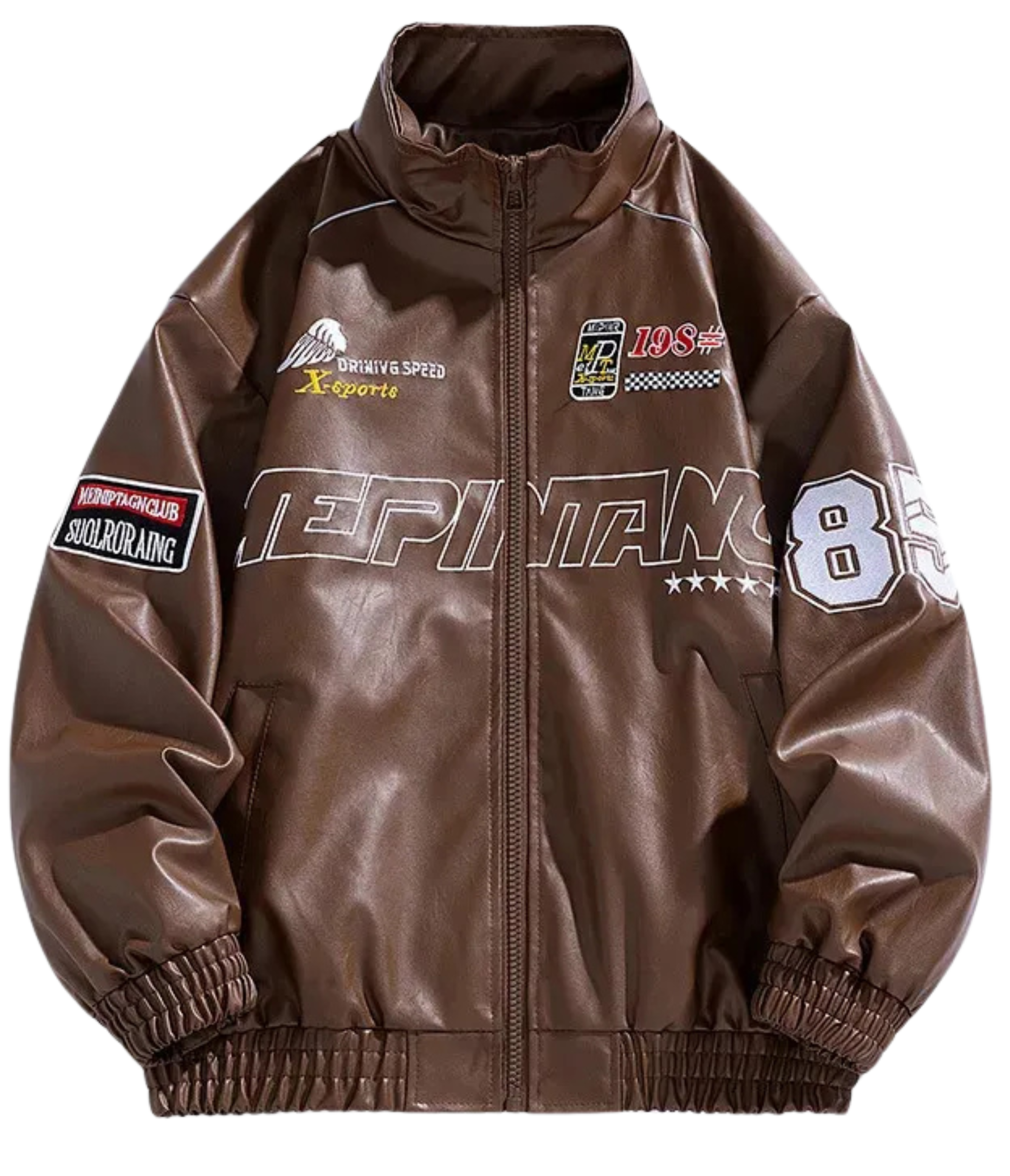 LAP85 brown vegan leather racing jacket featuring embroidered logos and classic motorsport design from Scuderia 1976.
