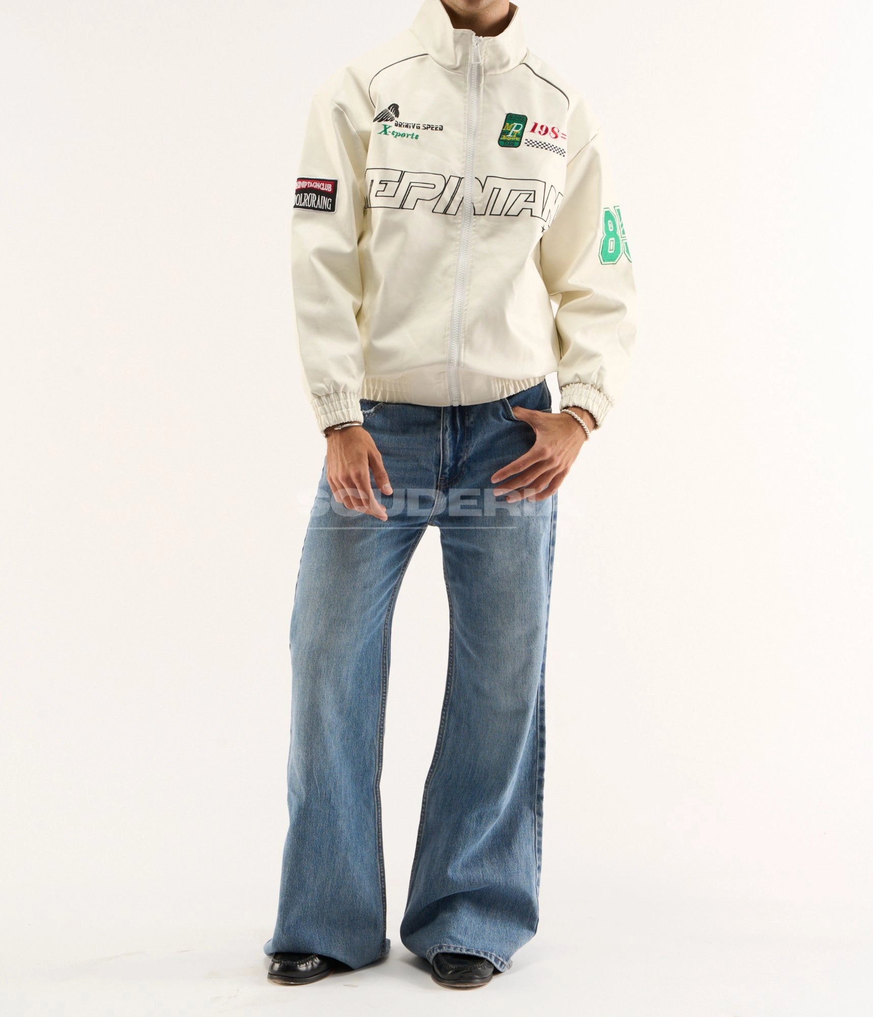 LAP 85 Vintage Racing Jacket Cream White Full View Men X-Sports 198 Wide Leg Jeans Street Style