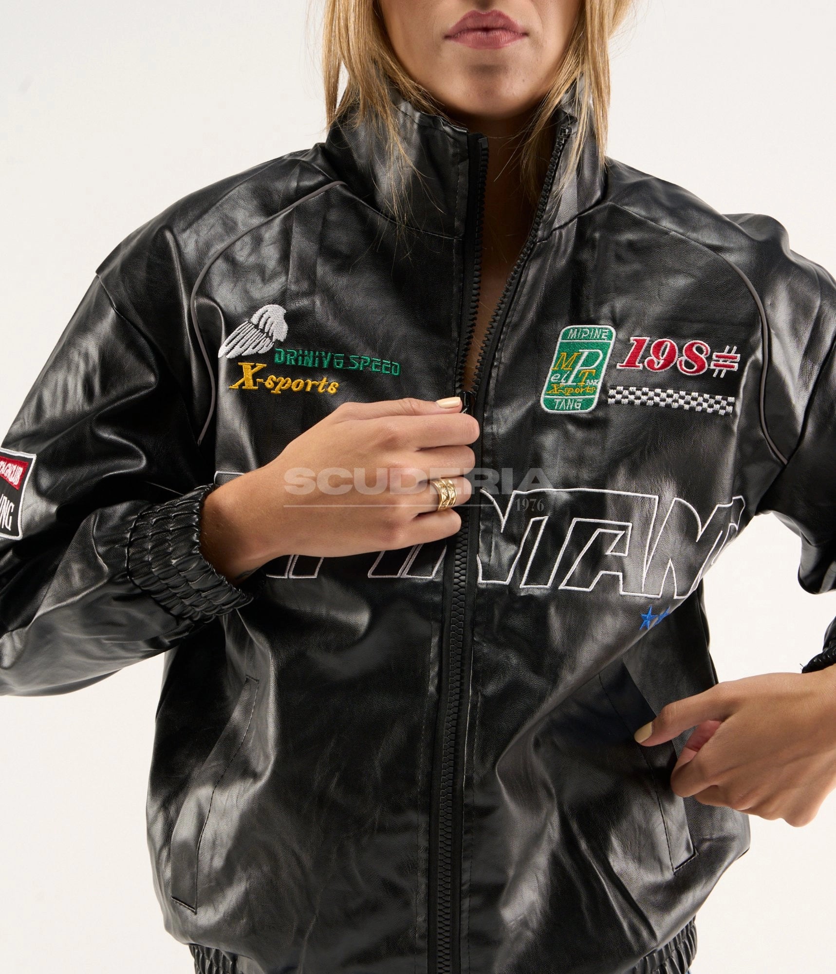 LAP 85 Vintage Racing Leather Jacket Black Front Detail Women X-Sports Driving Speed Wing Embroidered