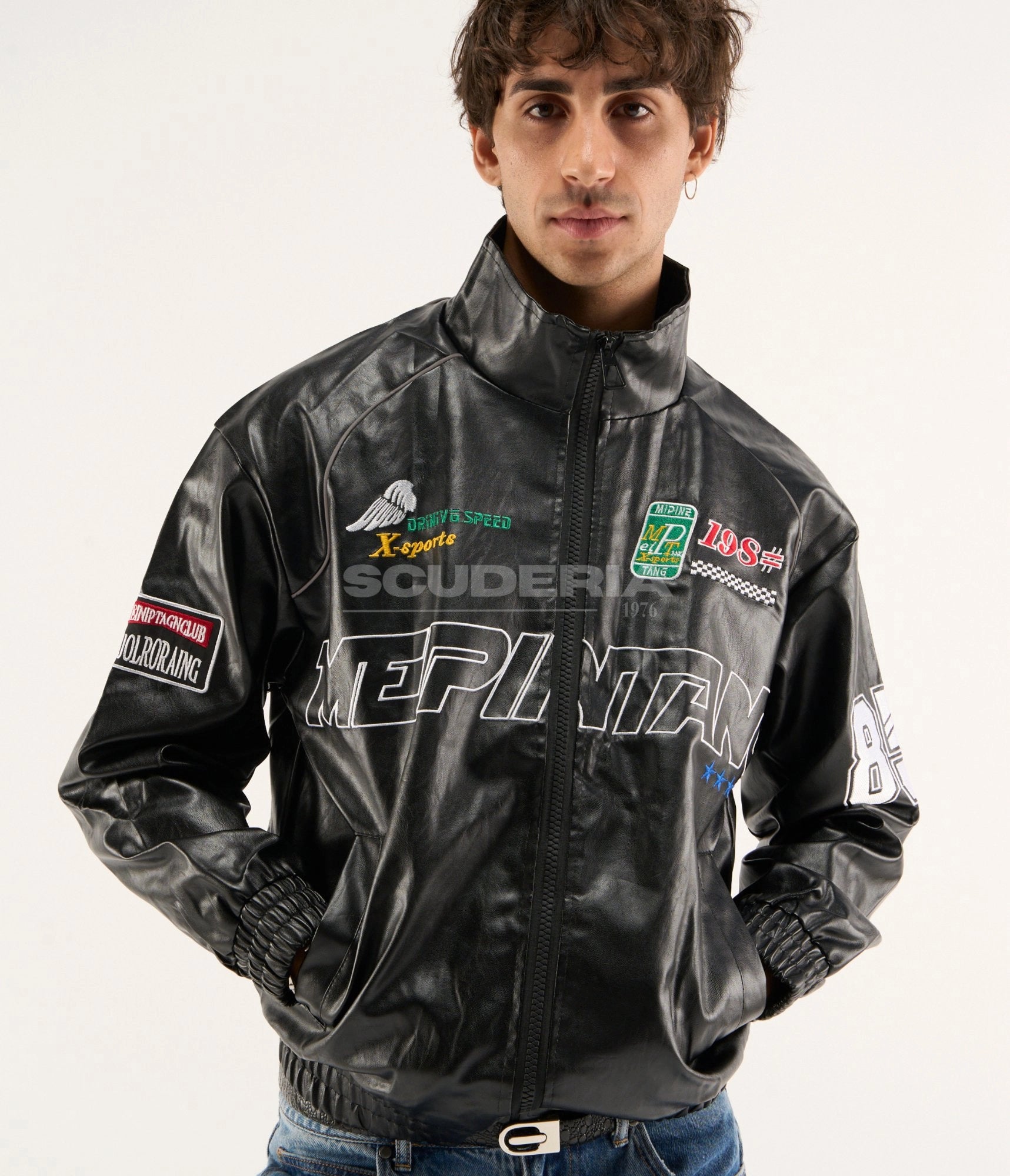 LAP 85 Vintage Racing Leather Jacket Black Front View Men X-Sports 198 Driving Speed Embroidered Unisex