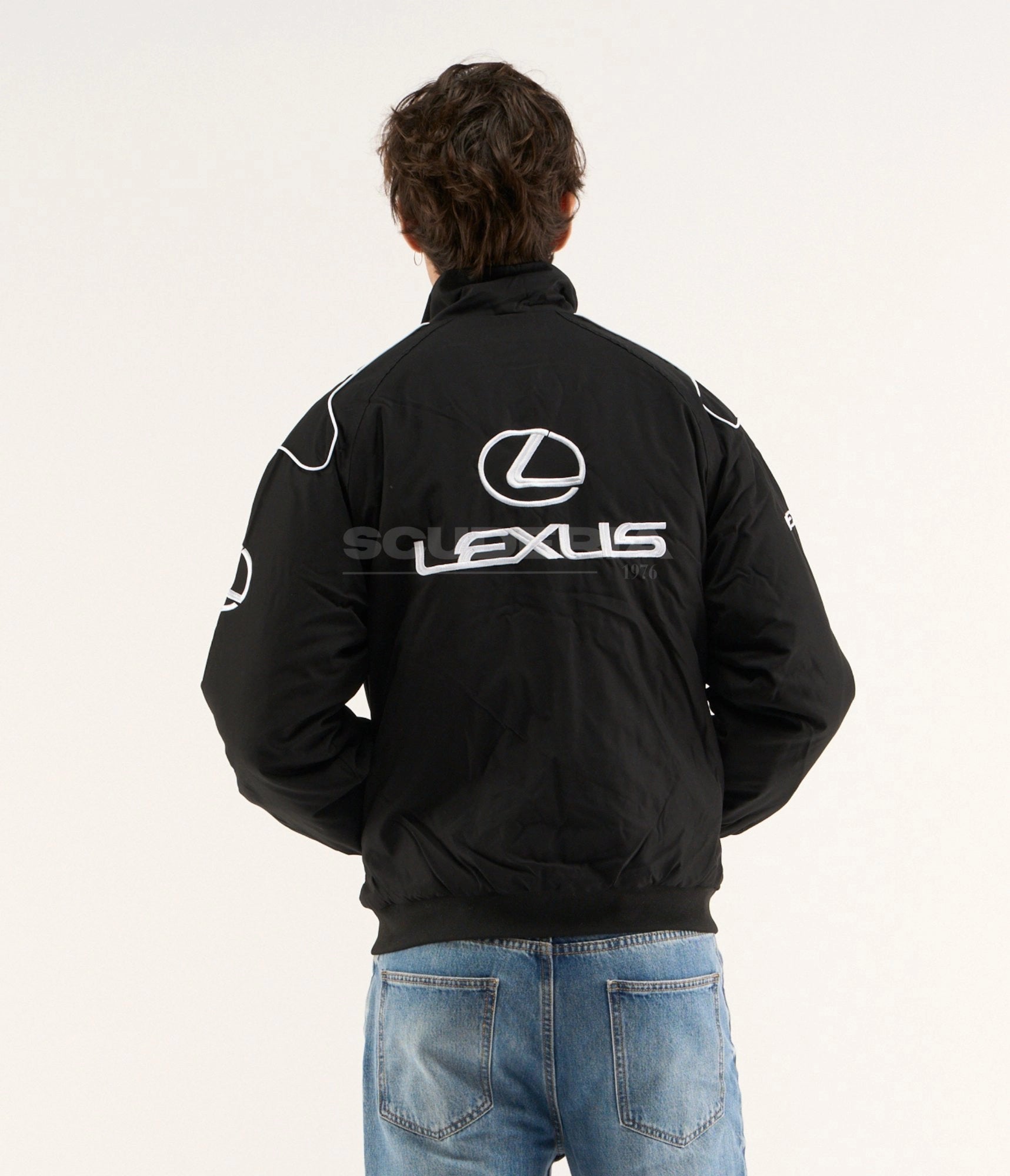Lexus black white embroidered padded bomber jacket – men back view – Scuderia1976