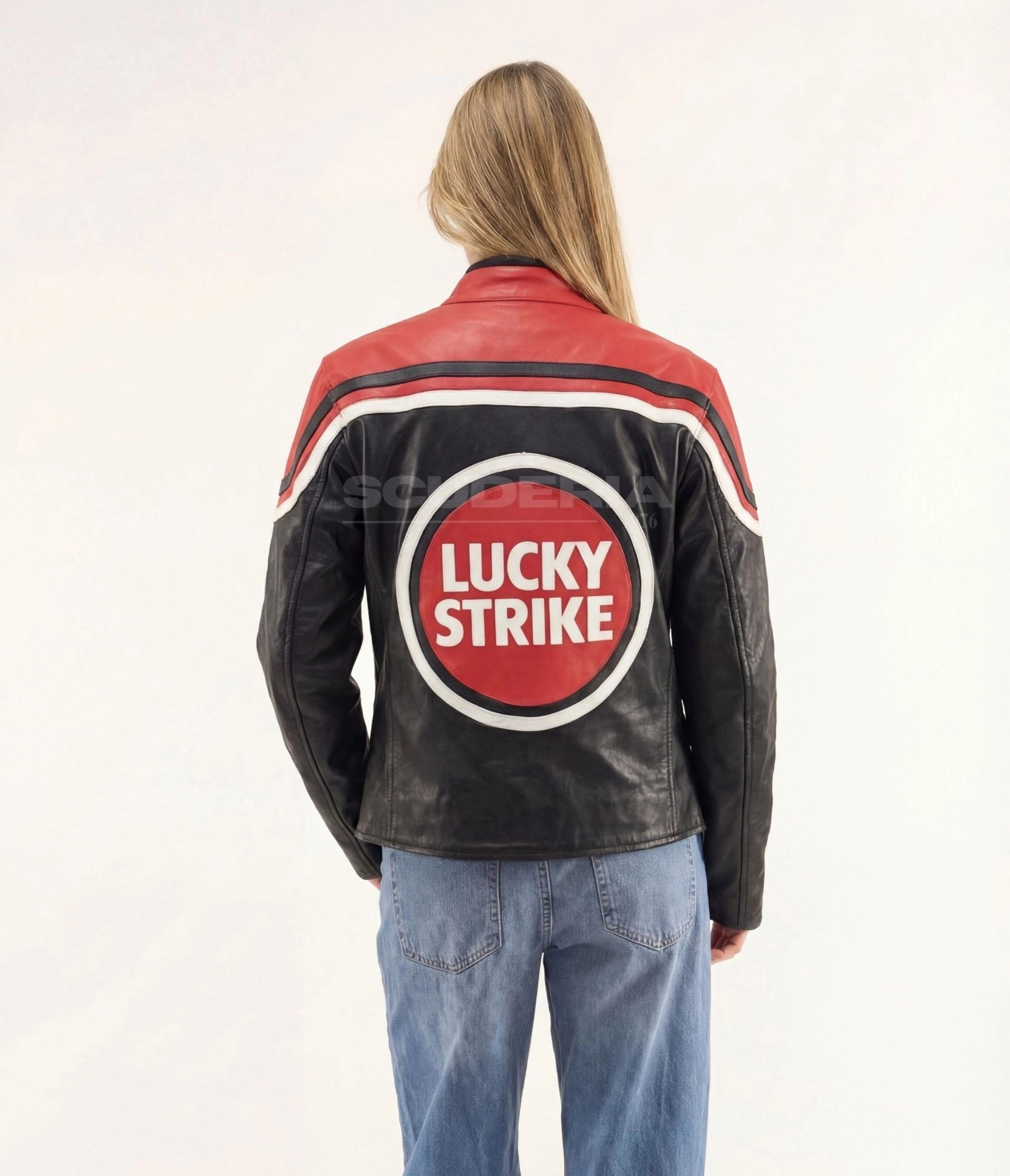 Lucky Strike Leather Jacket Red Edition back view women – vintage moto leather jacket with large Lucky Strike red circle logo on back, red and black color block with white racing stripes