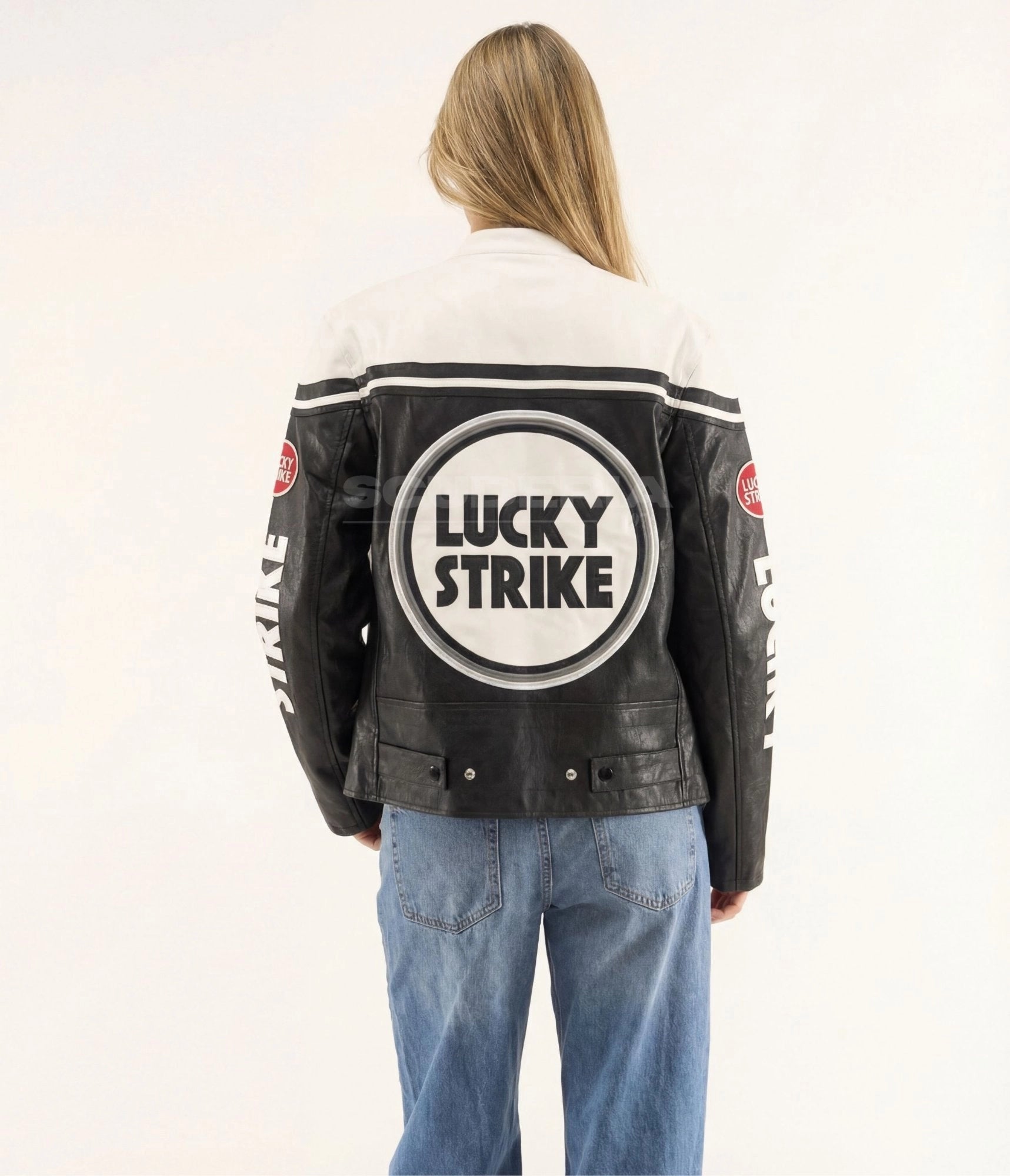 Lucky Strike Leather Jacket White Edition back view women – vintage moto leather jacket with large Lucky Strike circle logo on back, Lucky Strike sleeve patches and lettering, black and white color block with racing stripes