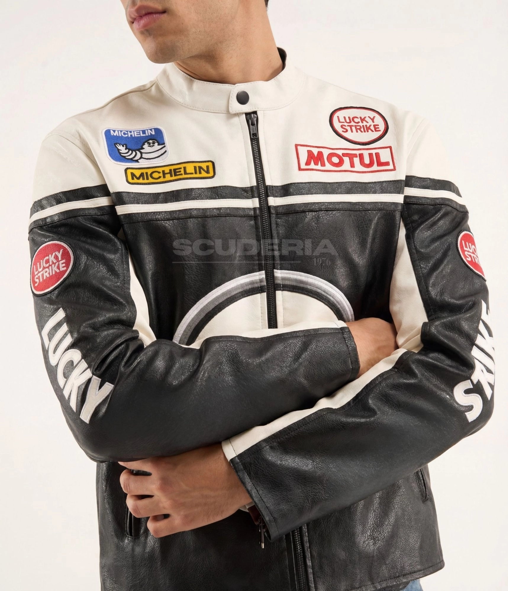 Lucky Strike Leather Jacket White Edition front detail men – vintage moto leather jacket showing Michelin, Lucky Strike and Motul patches close-up, Lucky Strike sleeve lettering, black and white color block with racing stripes