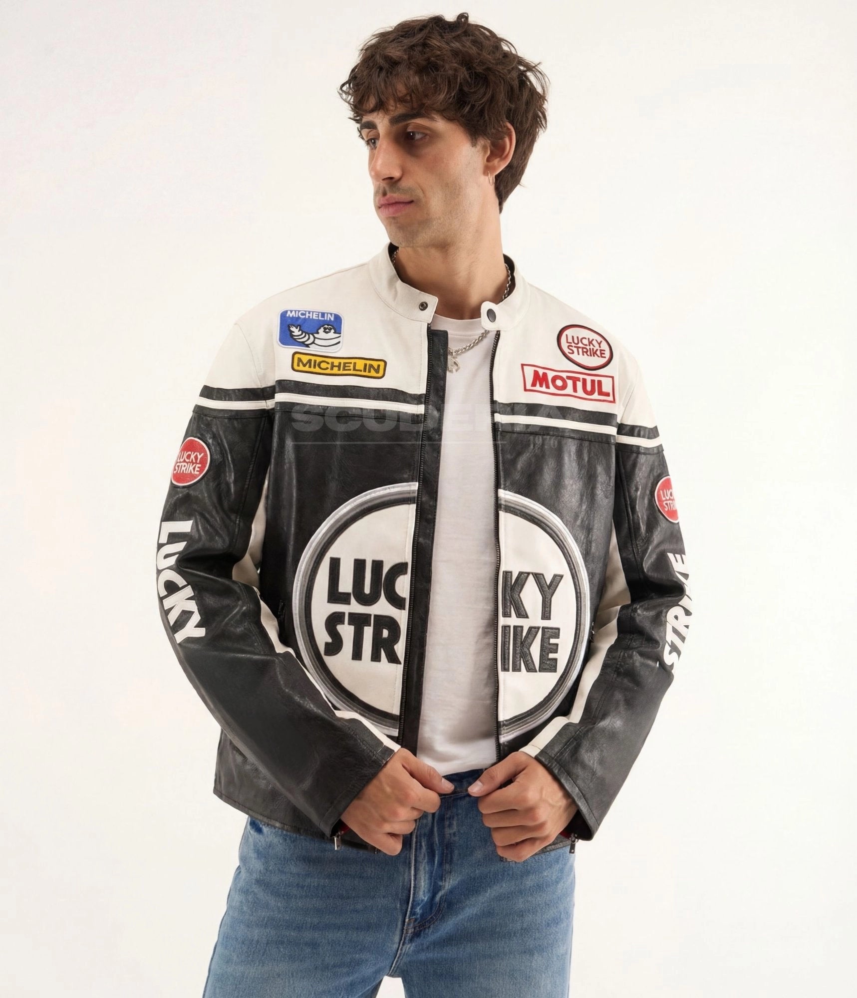 Lucky Strike Leather Jacket White Edition front open view women – vintage moto leather jacket with Lucky Strike circle logo, Motul, Michelin and Lucky Strike patches, black and white color block, Lucky Strike sleeve lettering