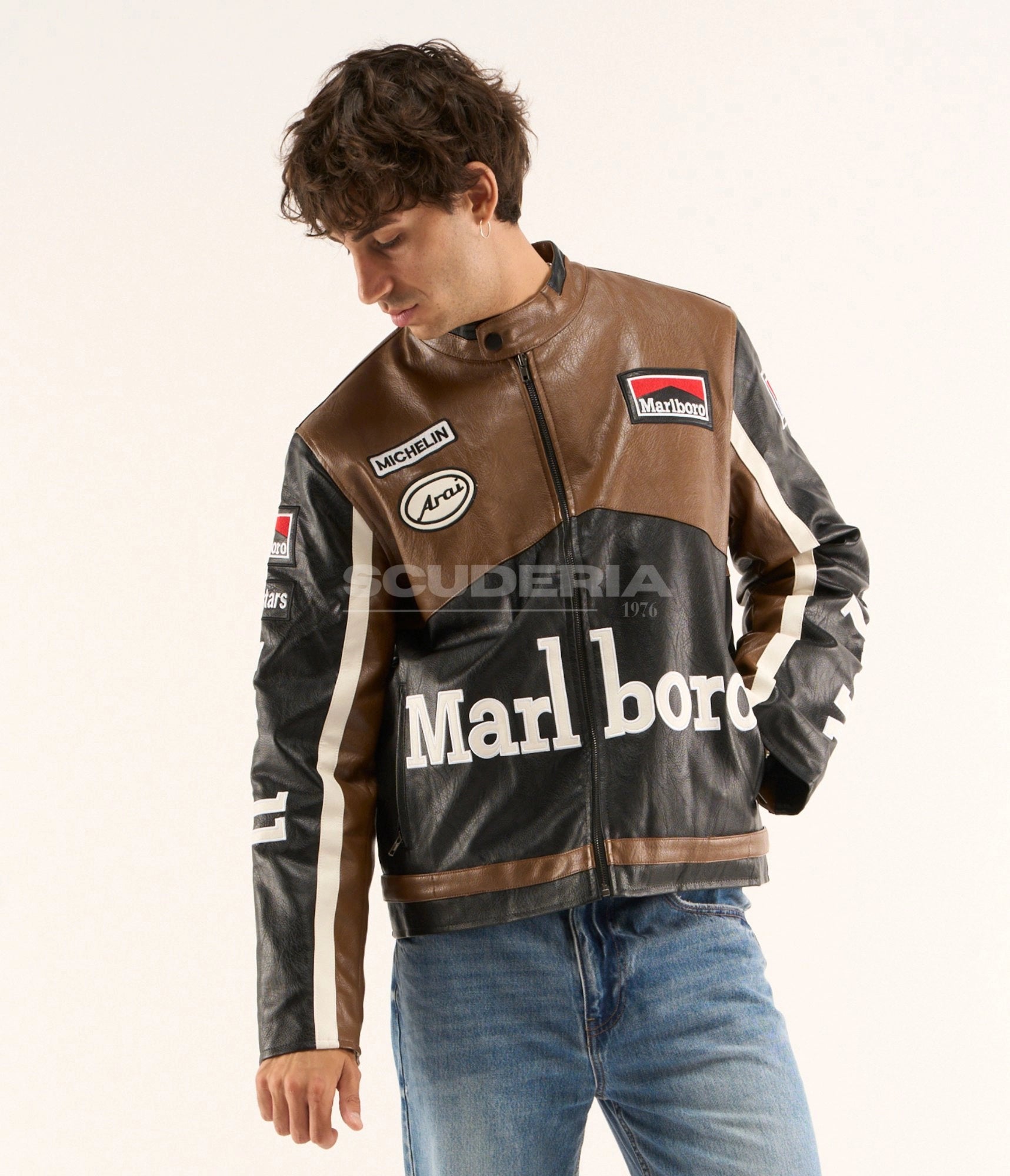 Marlboro Racing Leather Jacket Brown Black Vintage Motorsport Men Michelin Arai Patches