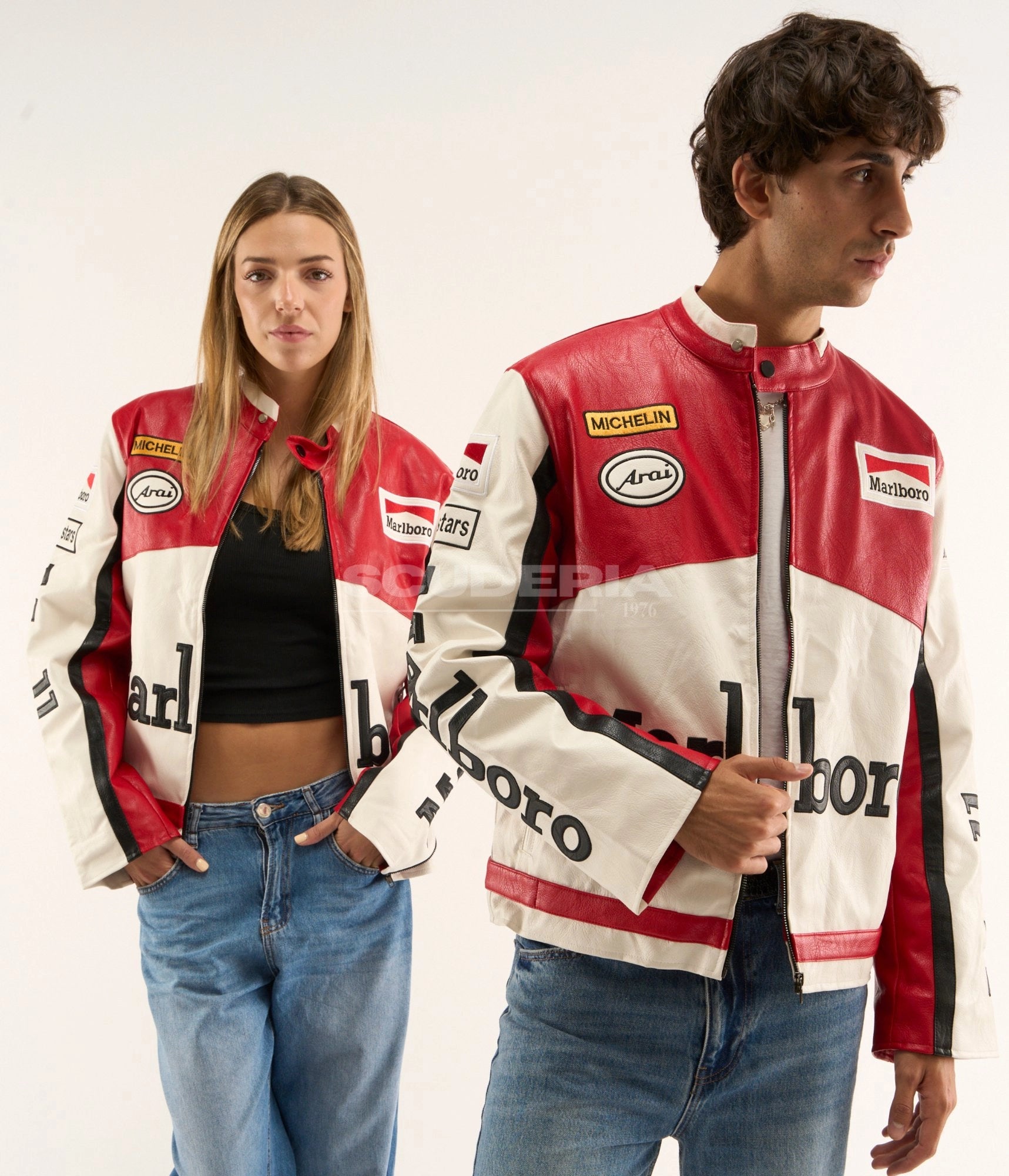 Marlboro Racing Leather Jacket White Red Classic Edition Unisex Men Women Michelin Arai Patches
