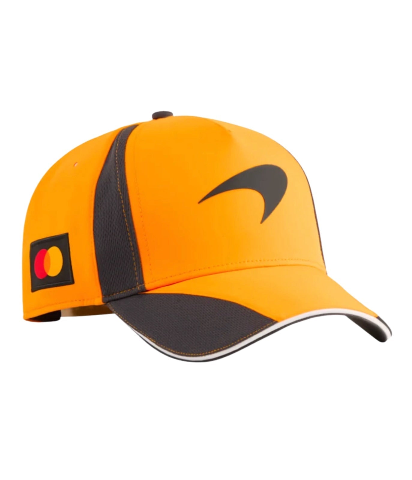 McLaren F1 2025 papaya cap at an angle with Speedmark and Mastercard patch