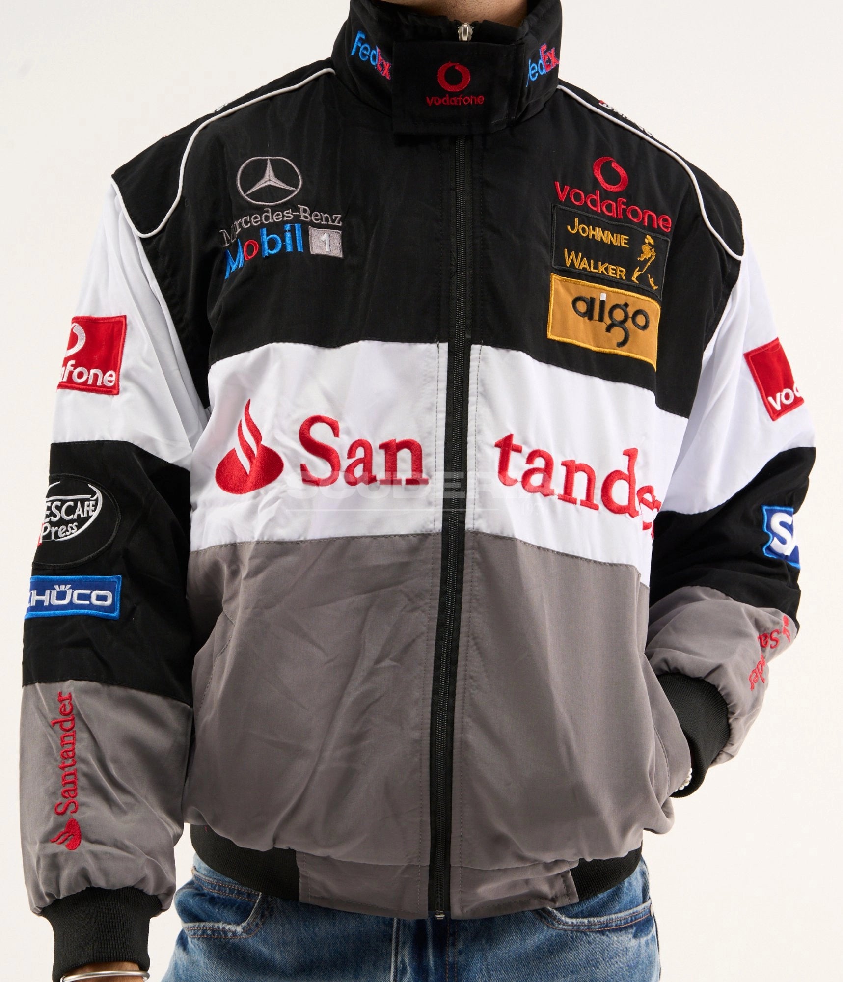 McLaren F1 Mercedes-Benz Vintage Racing Jacket Black White Grey Santander Patches Close Up Men
