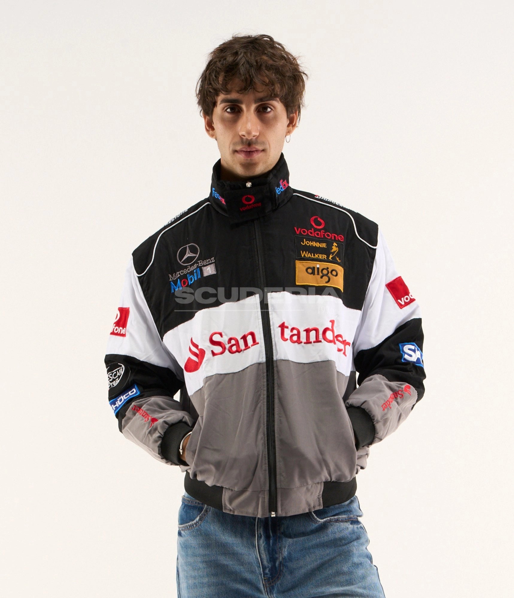 McLaren F1 Mercedes-Benz Vintage Racing Jacket Black White Grey Full Front Men Santander Mobil 1