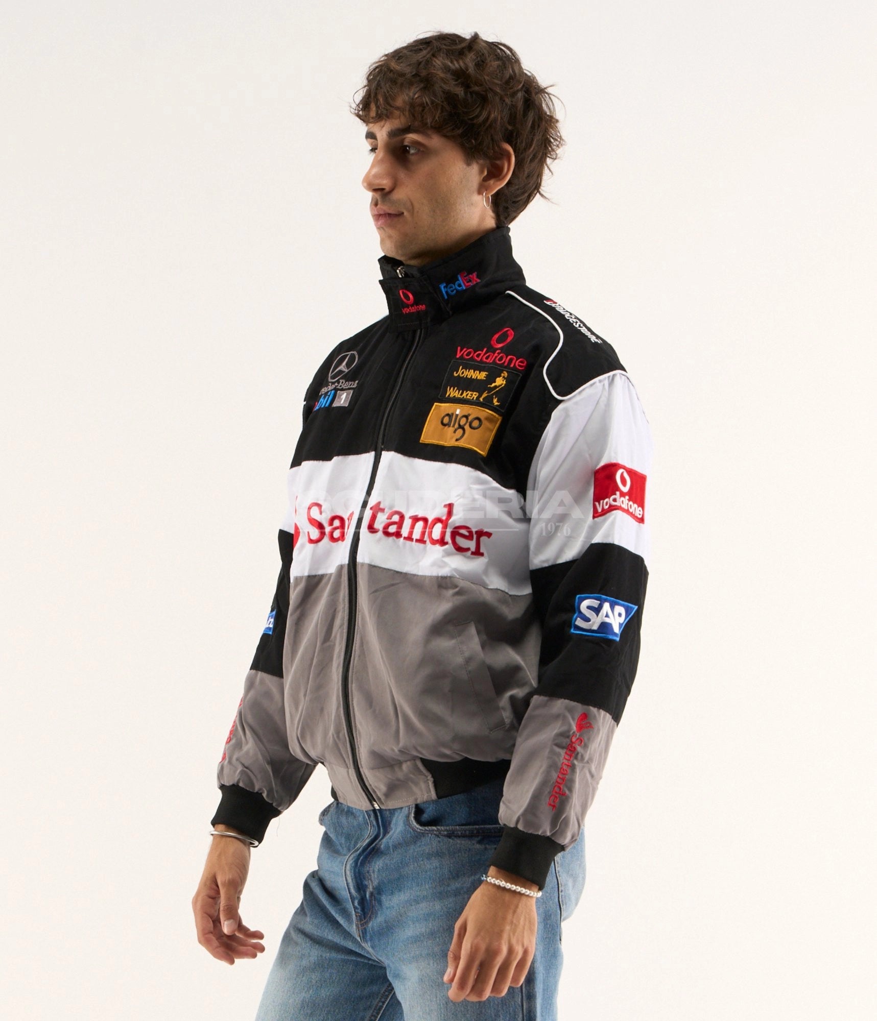 McLaren F1 Mercedes-Benz Vintage Racing Jacket Black Grey Side View Men Santander SAP Vodafone