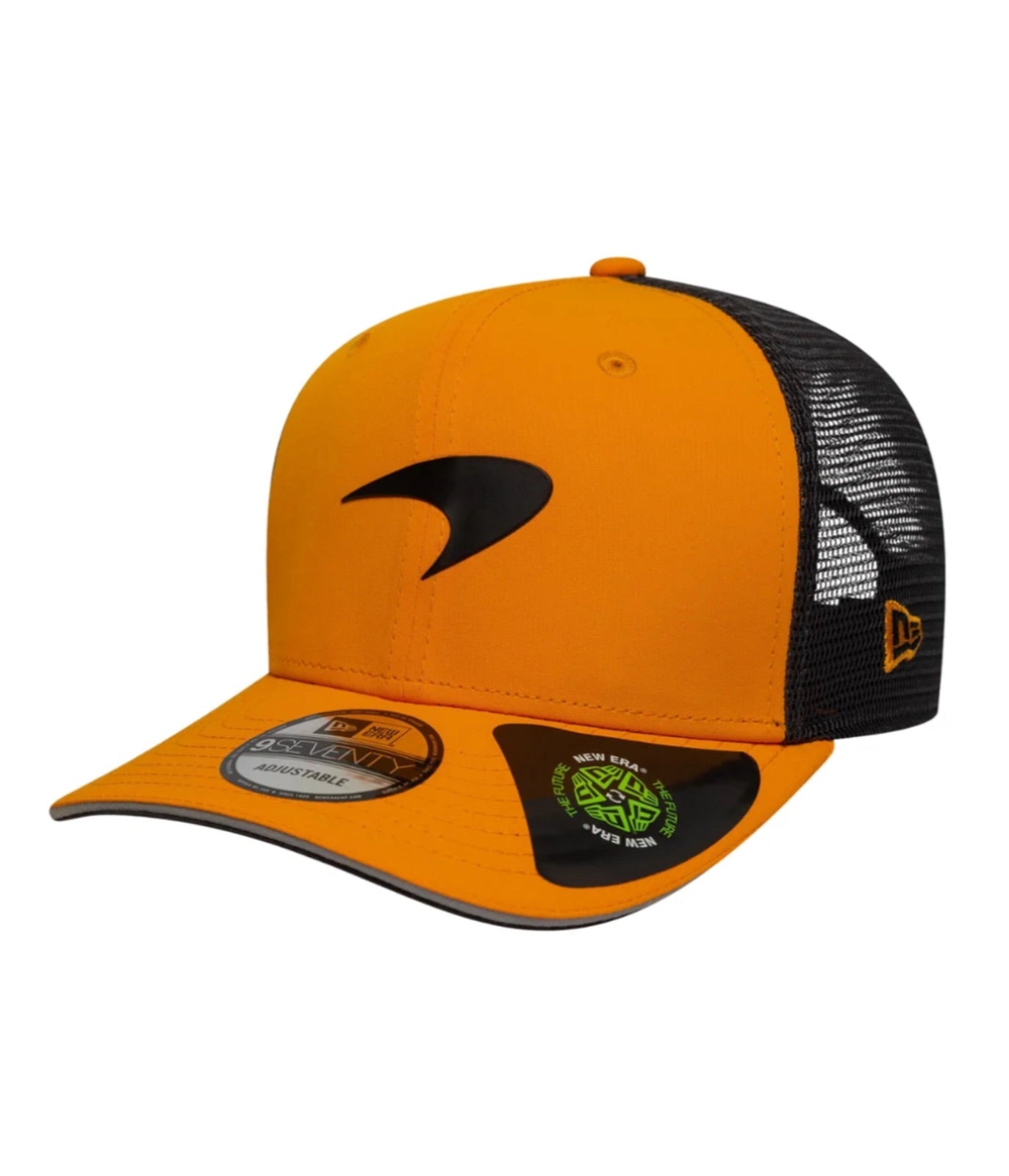 Papaya orange McLaren F1 trucker cap at an angle showing the black mesh rear panels