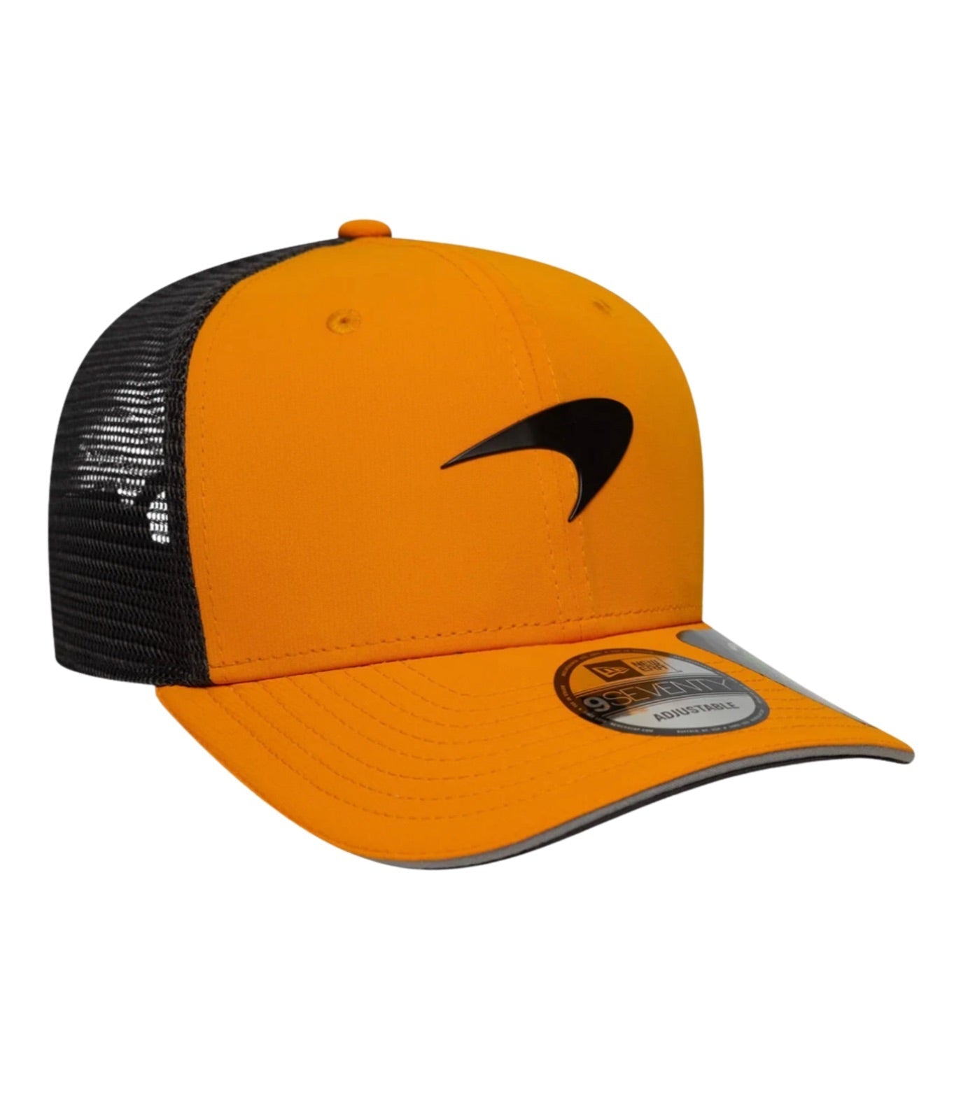 Side profile of the McLaren F1 papaya trucker cap with flat brim