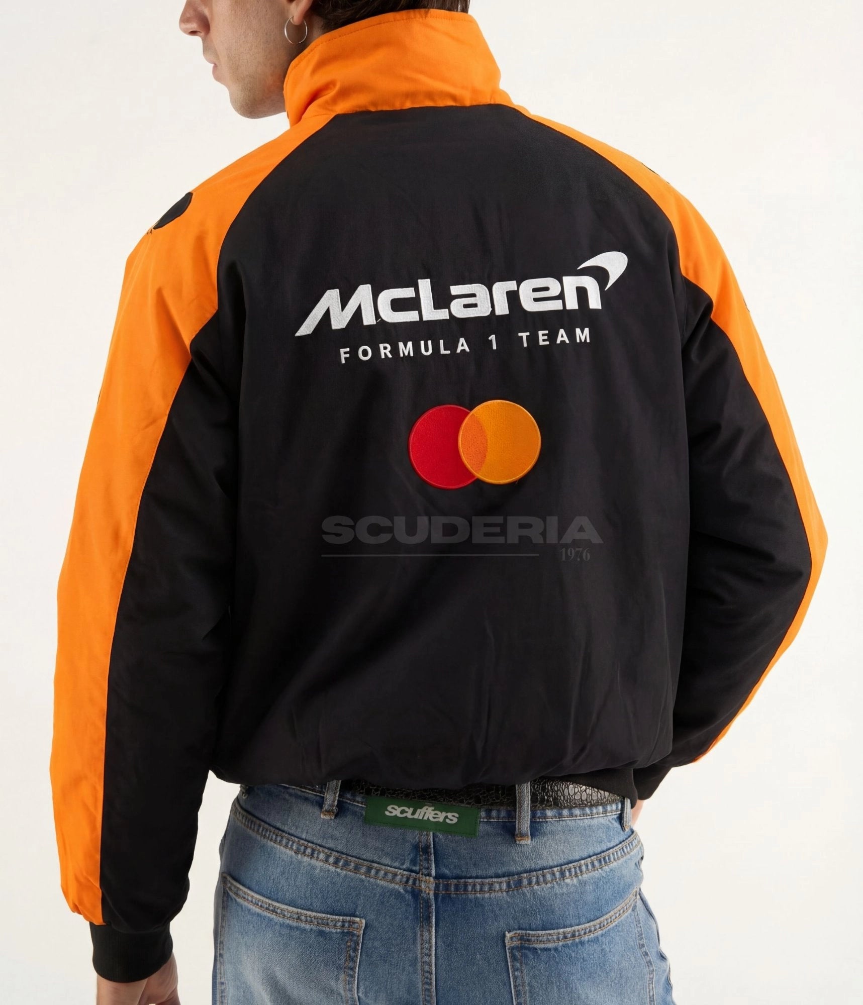 McLaren F1 Team Jacket black and orange back view men – vintage racing bomber jacket with embroidered McLaren Formula 1 Team logo and Mastercard sponsor