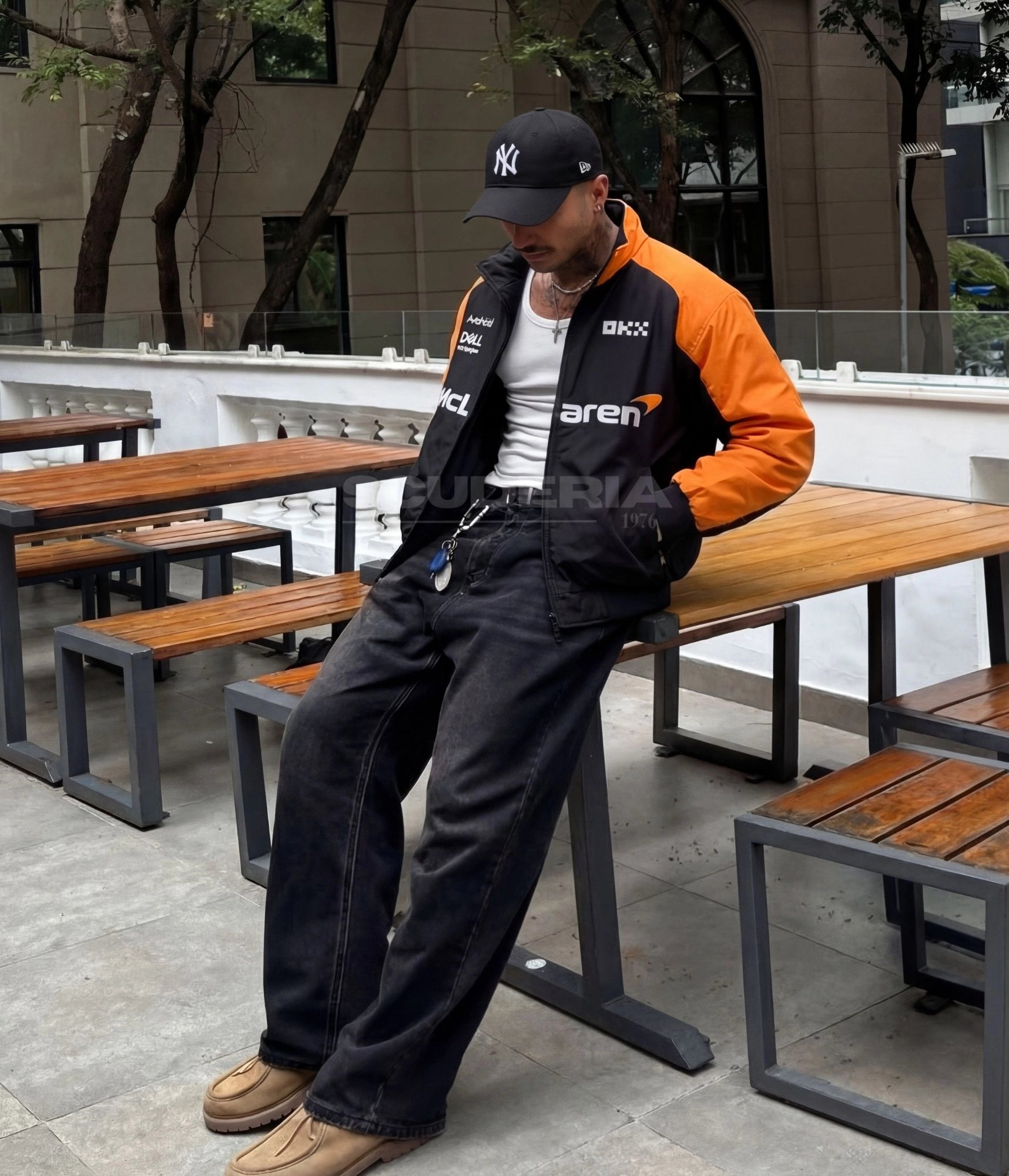 McLaren F1 Team Jacket black and orange lifestyle men – vintage racing bomber jacket urban style with OKX, Android, Dell Technologies sponsors and embroidered McLaren logo