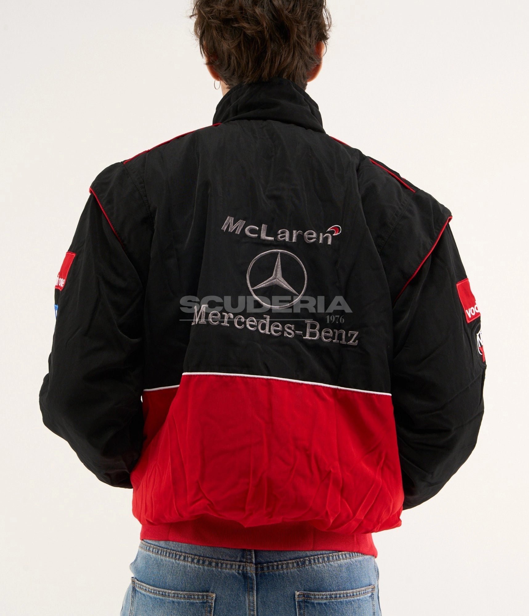 McLaren Mercedes-Benz F1 Vintage Racing Jacket Black Red Back View Men Three Star Logo Embroidered
