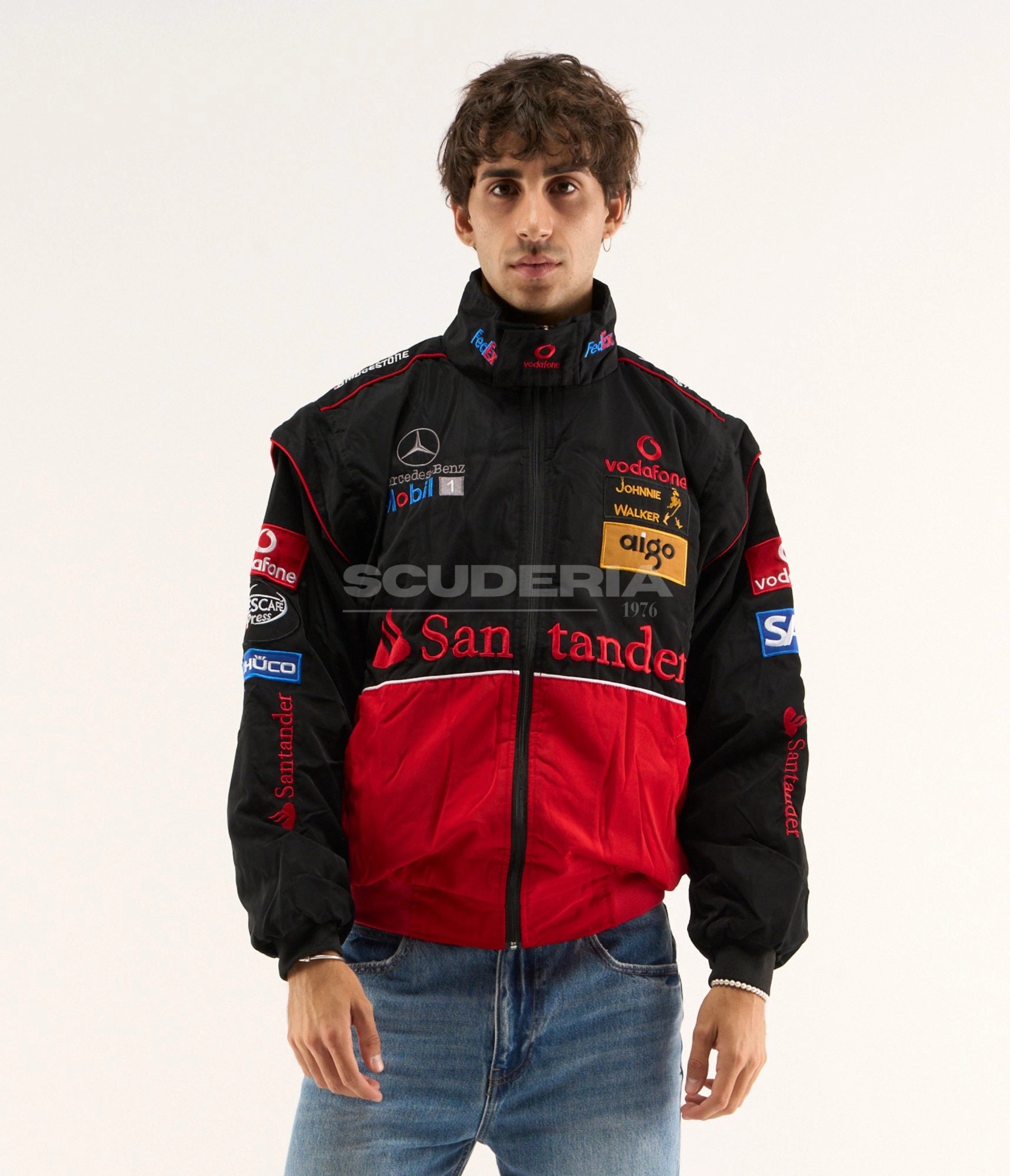 McLaren Mercedes-Benz F1 Vintage Racing Jacket Black Red Front View Men Santander Vodafone Aigo Johnnie Walker