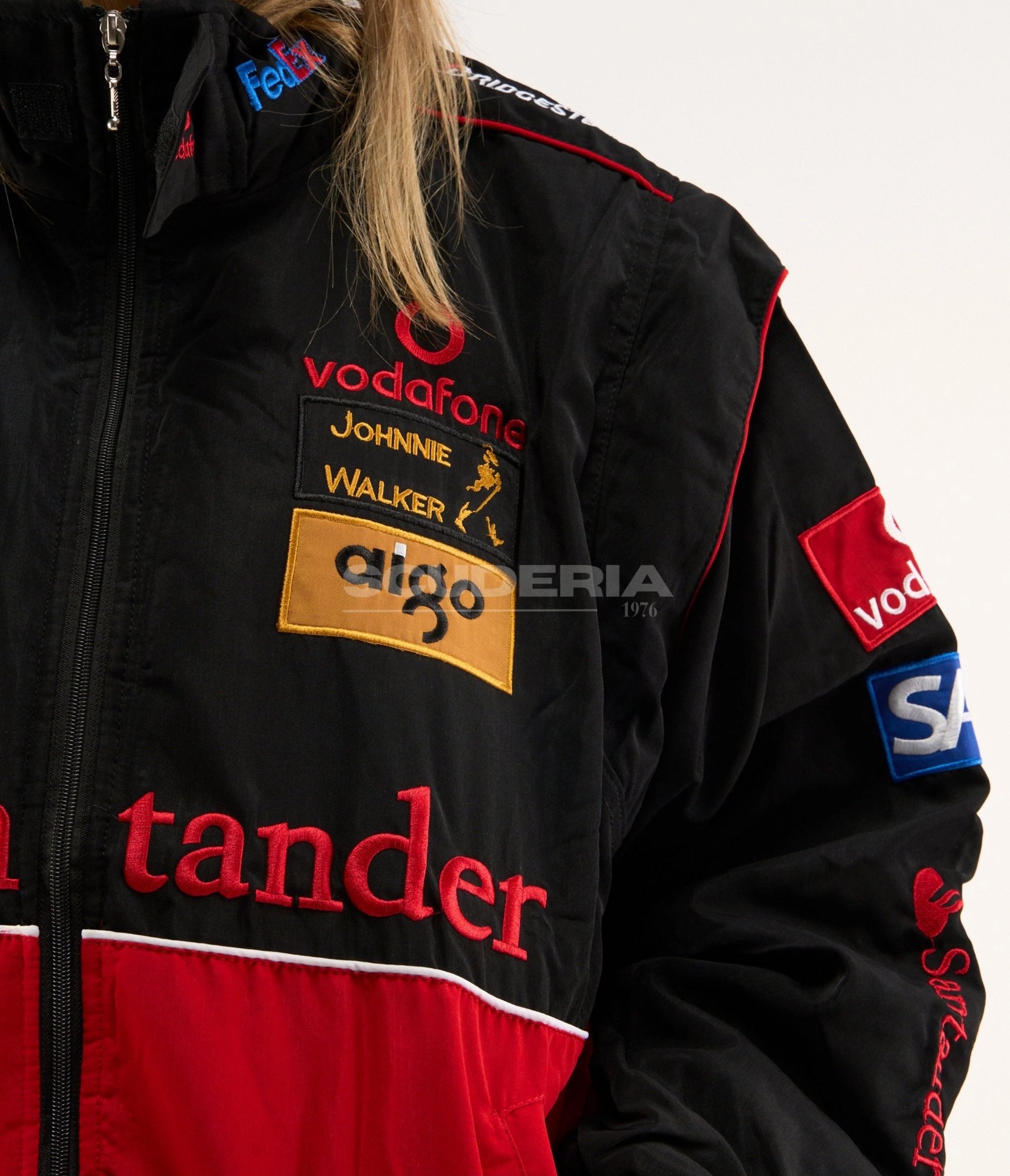 McLaren Mercedes-Benz F1 Vintage Racing Jacket Black Red Patches Detail Women Vodafone Johnnie Walker Santander