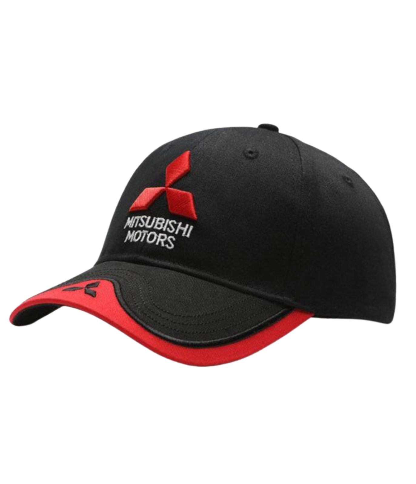 Black and red Mitsubishi Motors cap at an angle with the raised three-diamond mark