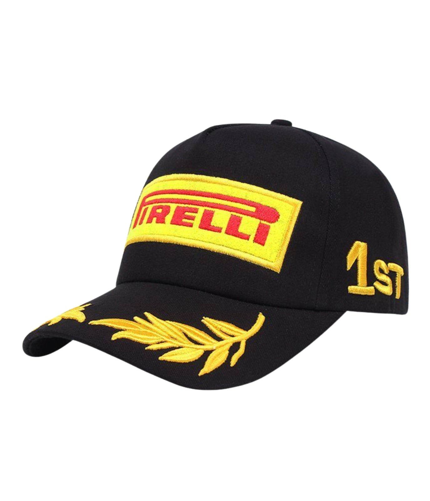 Black Pirelli podium cap at an angle with gold 1ST embroidery on the side