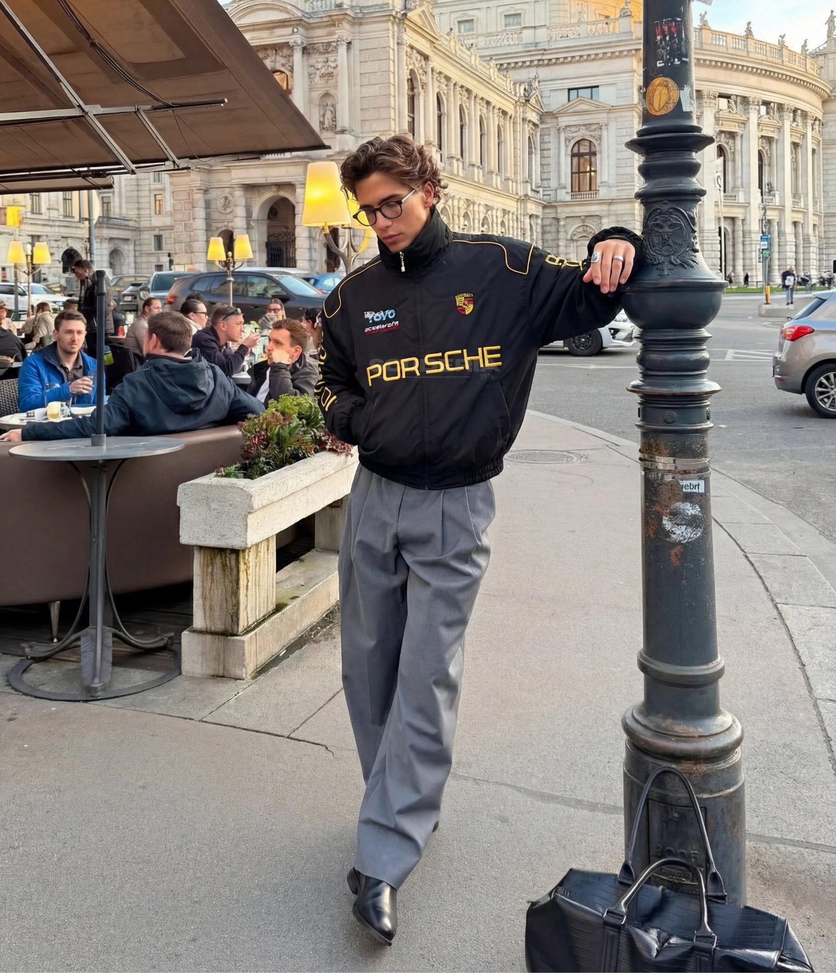 Porsche black gold embroidered padded bomber jacket – street style front view – Scuderia1976