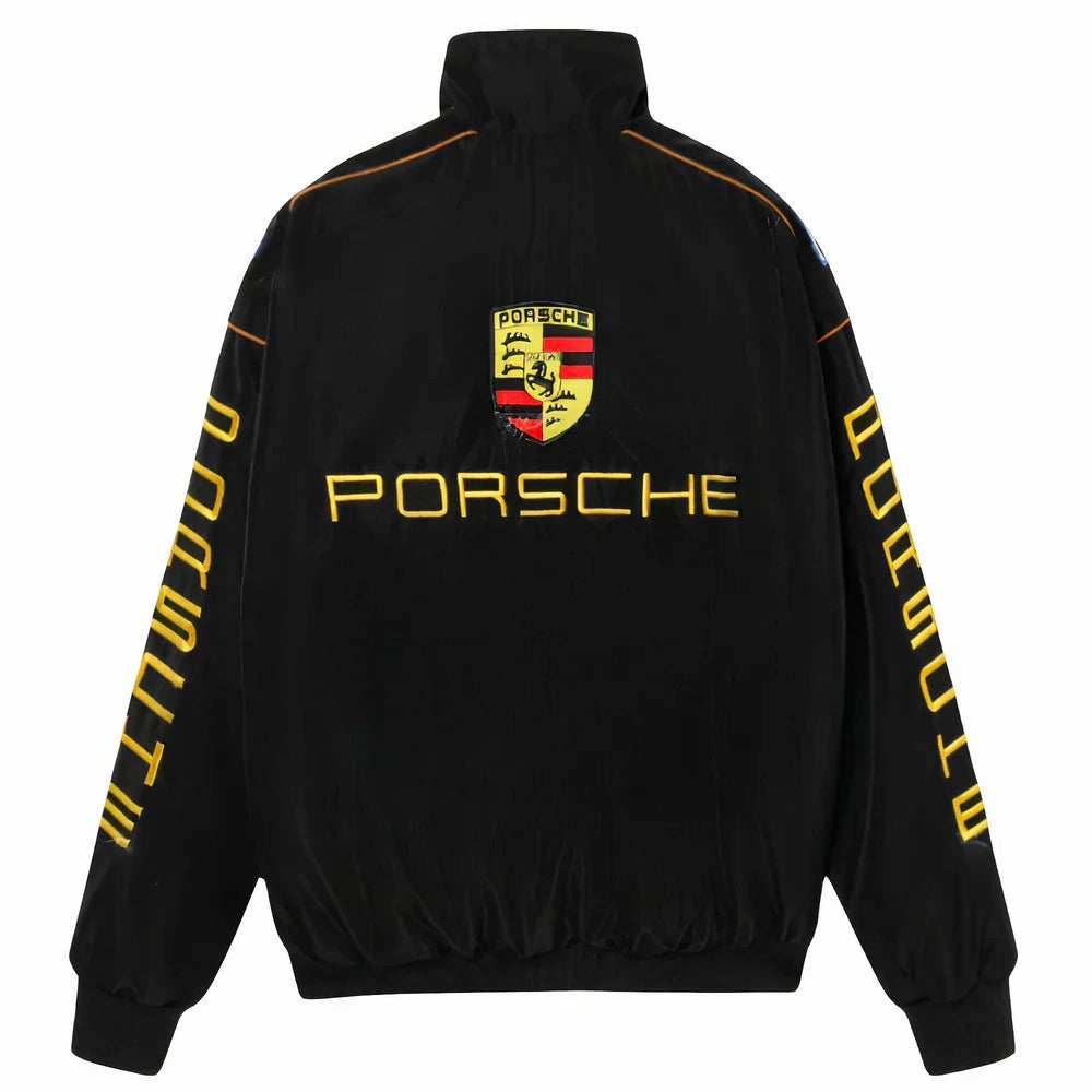 Porsche Vintage Racing Jacket black gold back view flat lay – vintage padded bomber with large gold embroidered Porsche crest and Porsche lettering, gold Porsche sleeve lettering, gold piping trim, white background