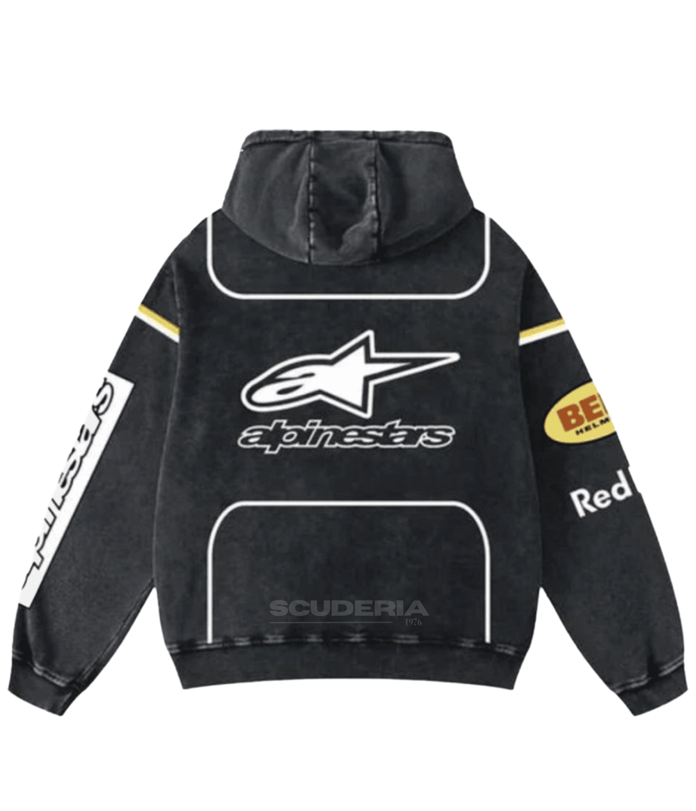 Red Bull Racing Hoodie black washed back view men – vintage racing sweatshirt with Alpinestars star logo, Bell Helmets oval patch, Red Bull branding, washed black oversized hoodie moto sponsor style