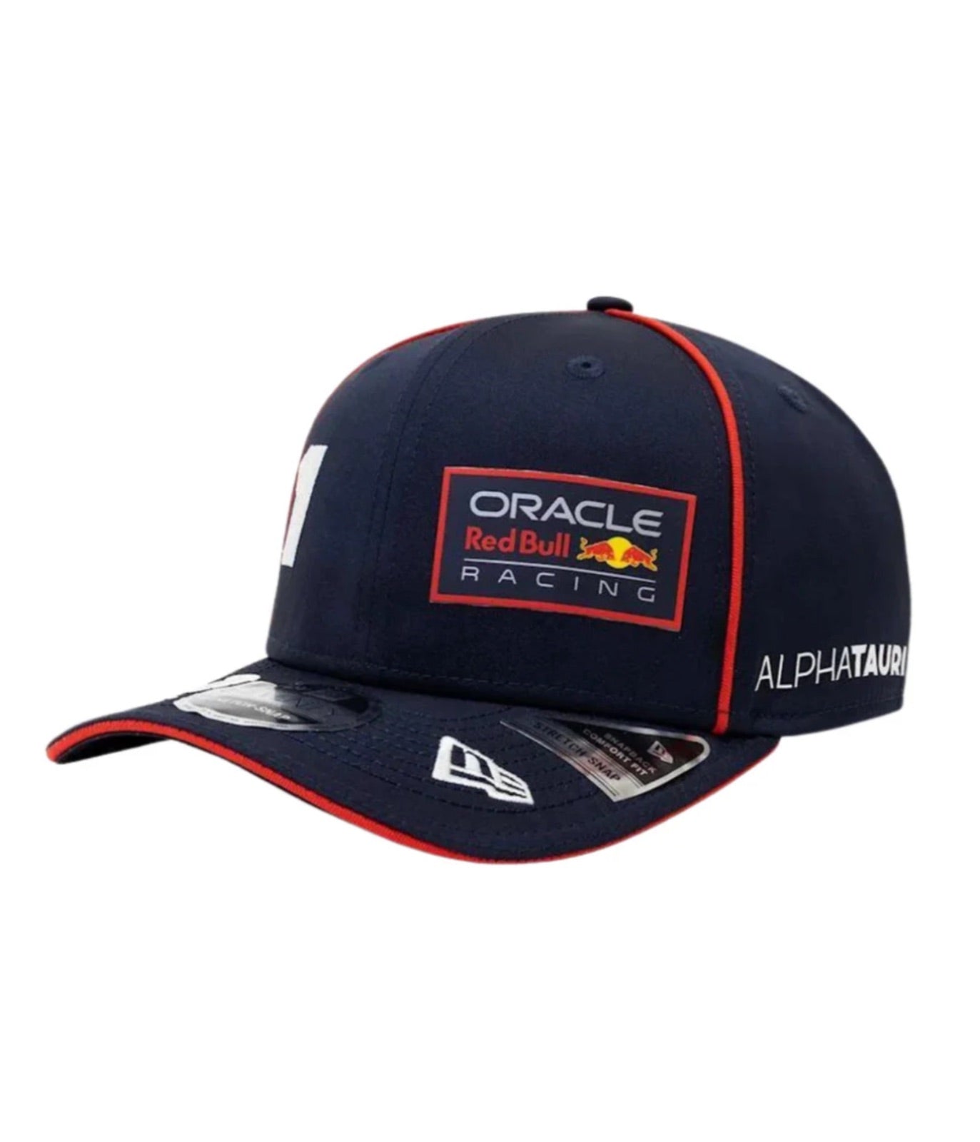 Navy Red Bull F1 Verstappen 2023 cap at an angle with red piping and curved brim