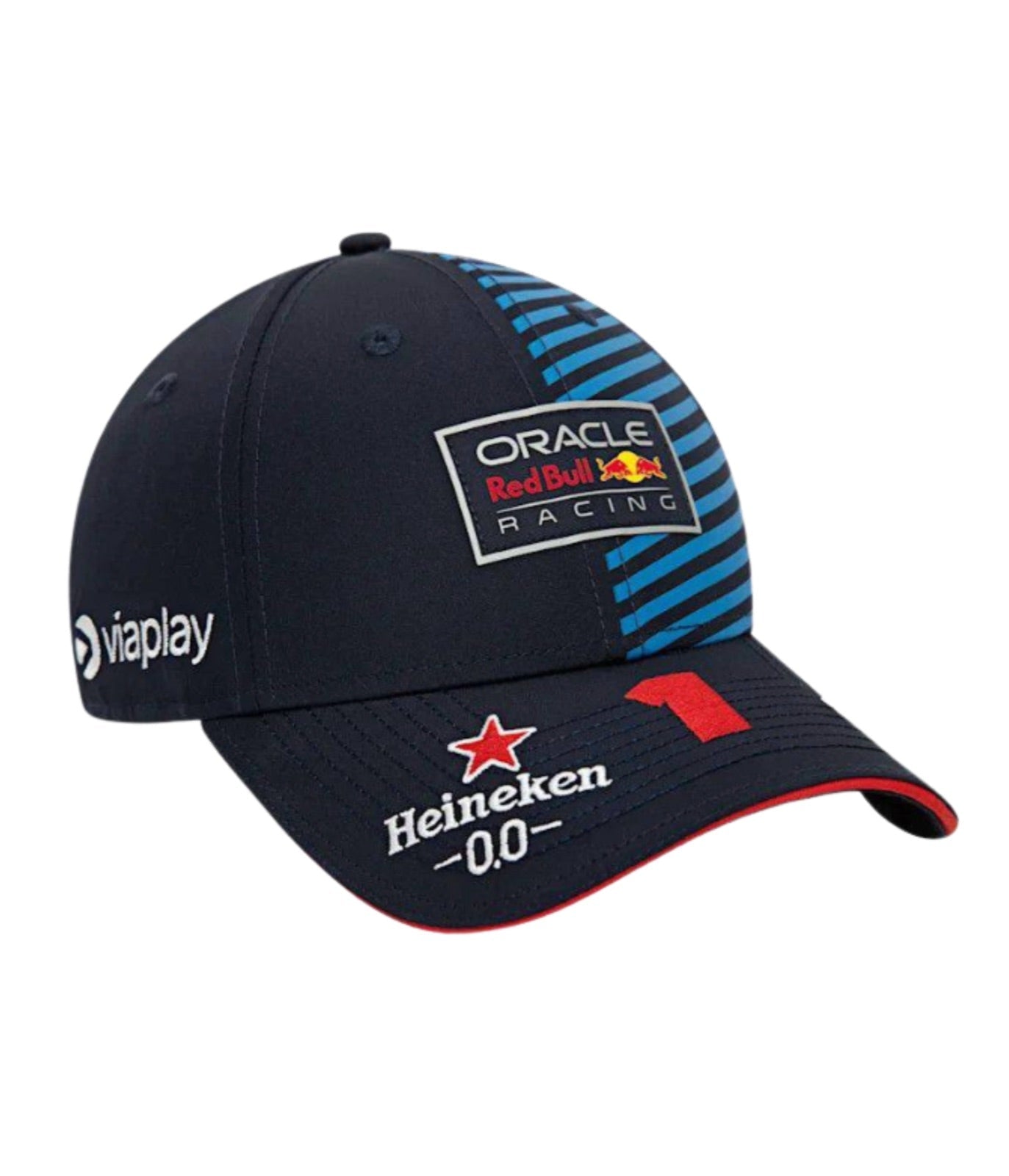 Side of the Red Bull F1 Verstappen 2024 cap with Viaplay marking and stripe panel