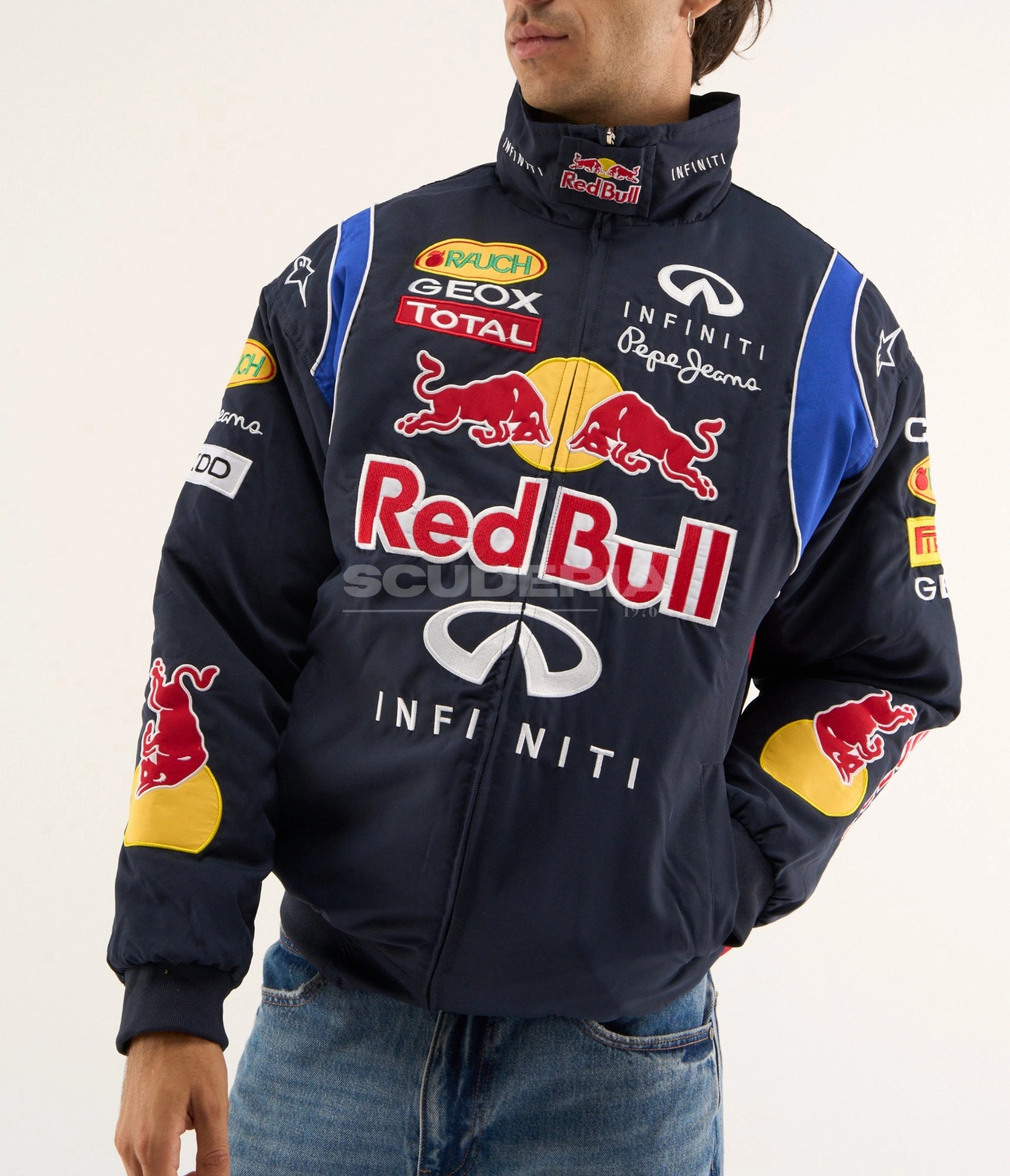 Red Bull Racing F1 Jacket Navy Blue Front View Men Infiniti Rauch Geox Total Sponsors