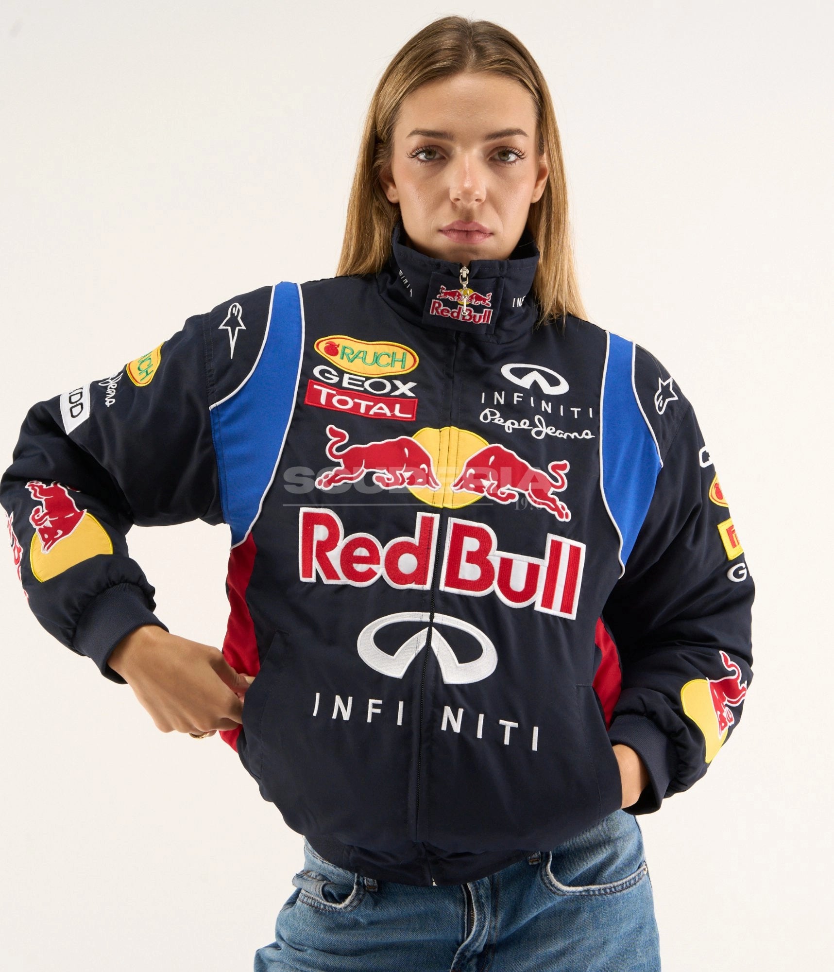 Red Bull Racing F1 Jacket Navy Blue Front View Women Infiniti Pepe Jeans Vintage Motorsport