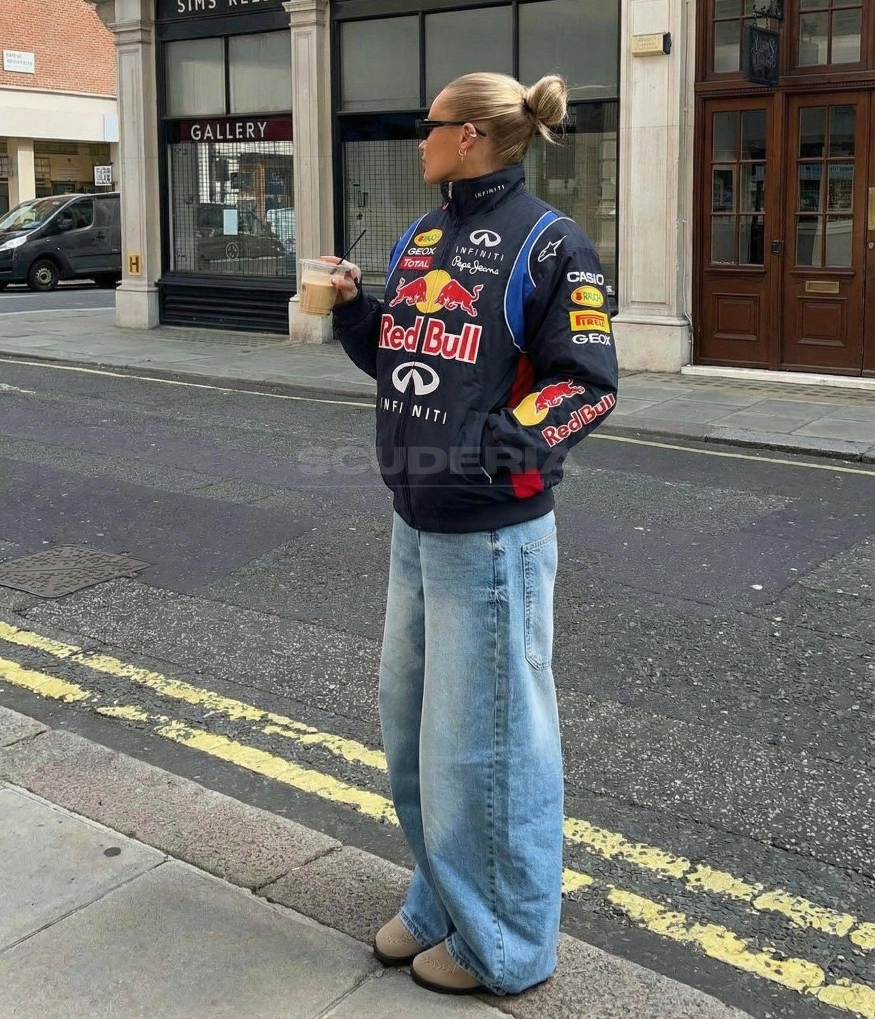 Red Bull Racing F1 Jacket Navy Blue Street Style Women Wide Leg Jeans Outfit Infiniti Vintage