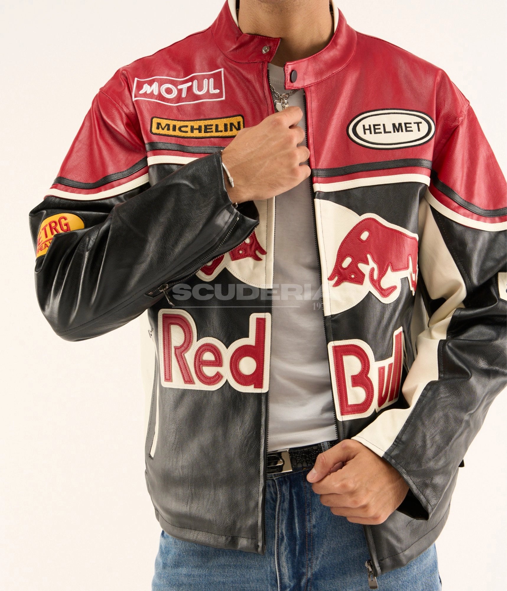 Red Bull Racing Leather Jacket Black Red Front Close Up Men Motul Michelin TRG Vintage Motorsport