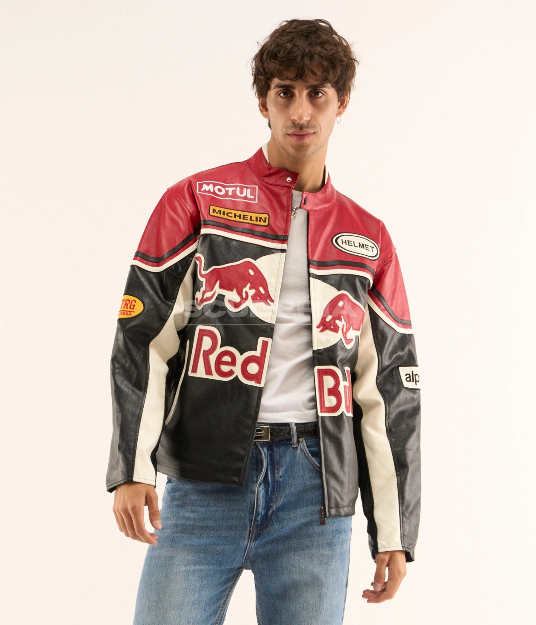 Red Bull Racing Leather Jacket Black Red Open Front Men Motul Michelin Helmet Vintage Moto