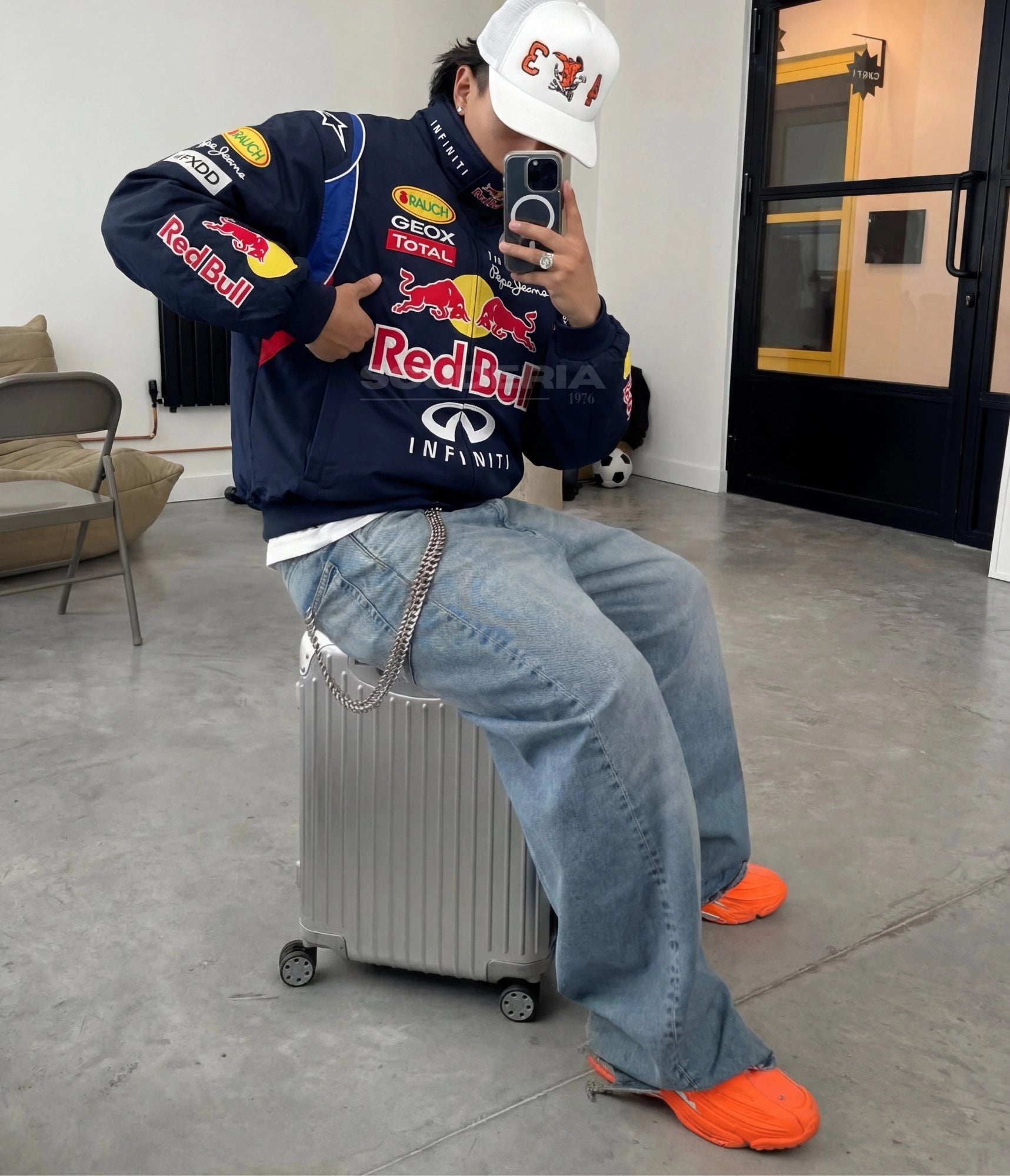 Red Bull Racing navy blue embroidered padded bomber jacket – men mirror selfie front view – Scuderia1976