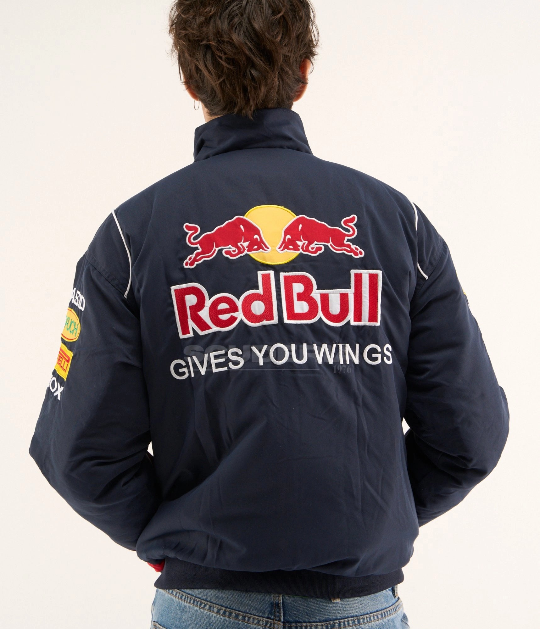 Red Bull Racing navy blue embroidered padded bomber jacket – back view gives you wings – Scuderia1976