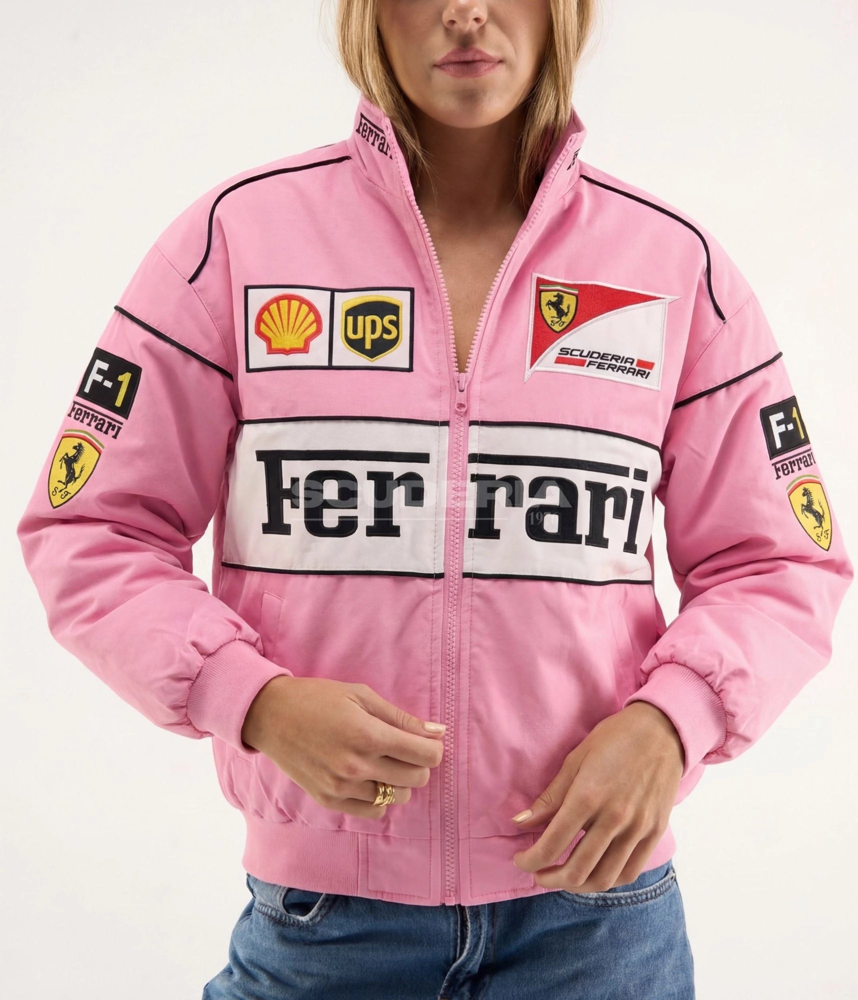 Scuderia Ferrari F1 Vintage Racing Jacket Pink Front Detail Women Shell UPS F1 Prancing Horse Patches
