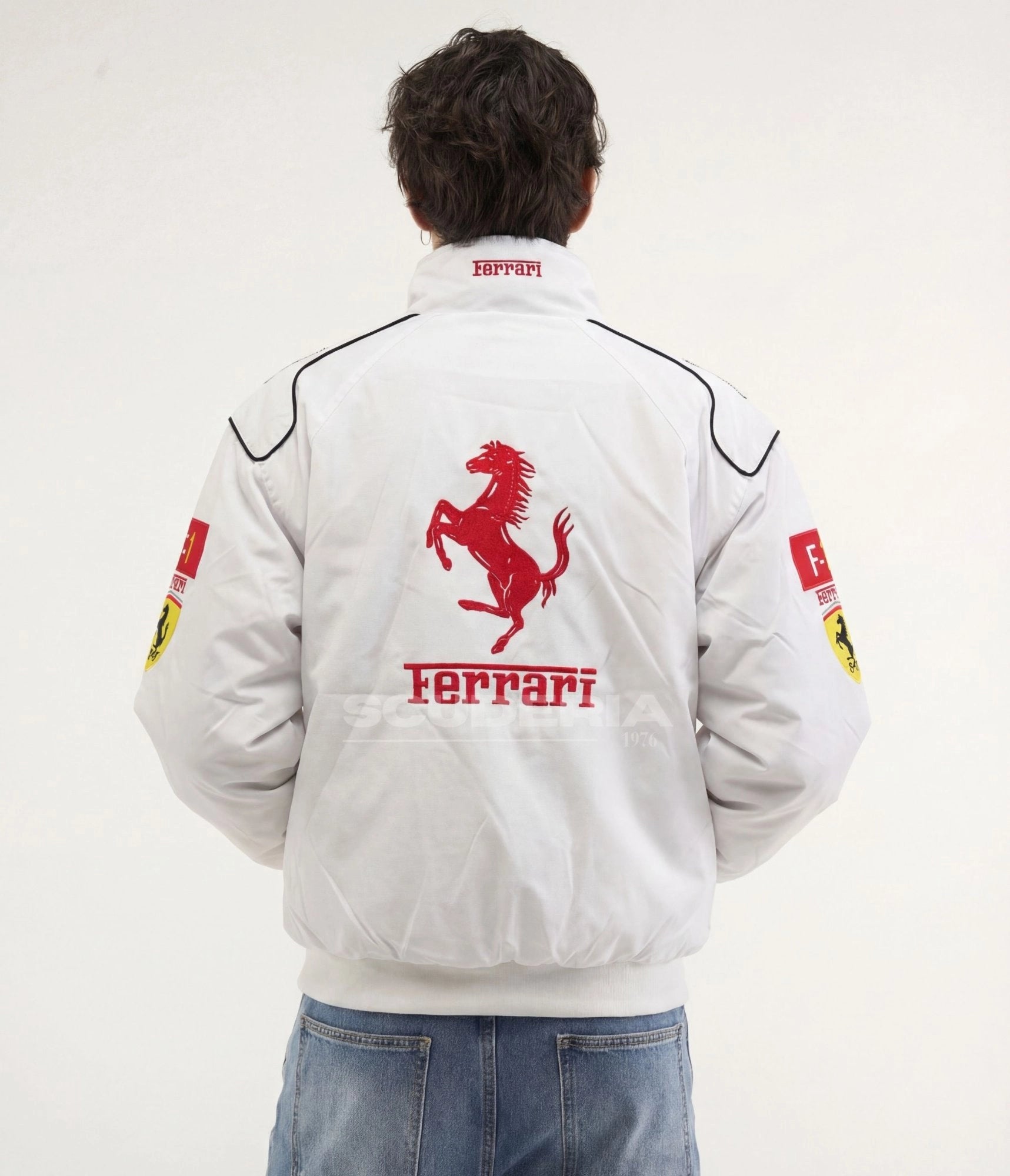 Scuderia Ferrari F1 Vintage Racing Jacket White Red Back View Men Large Prancing Horse Embroidered